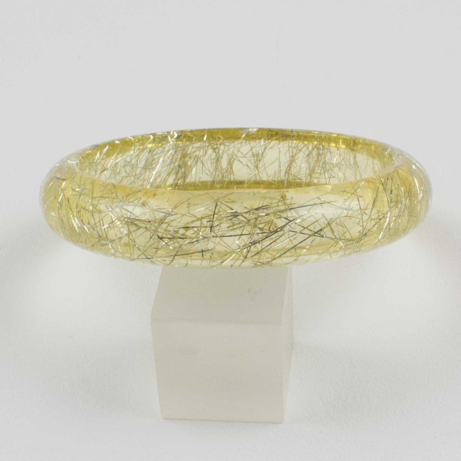 Modern Lucite Bracelet Bangle Yellow Lemon with Silver Metallic Thread Inclusions For Sale