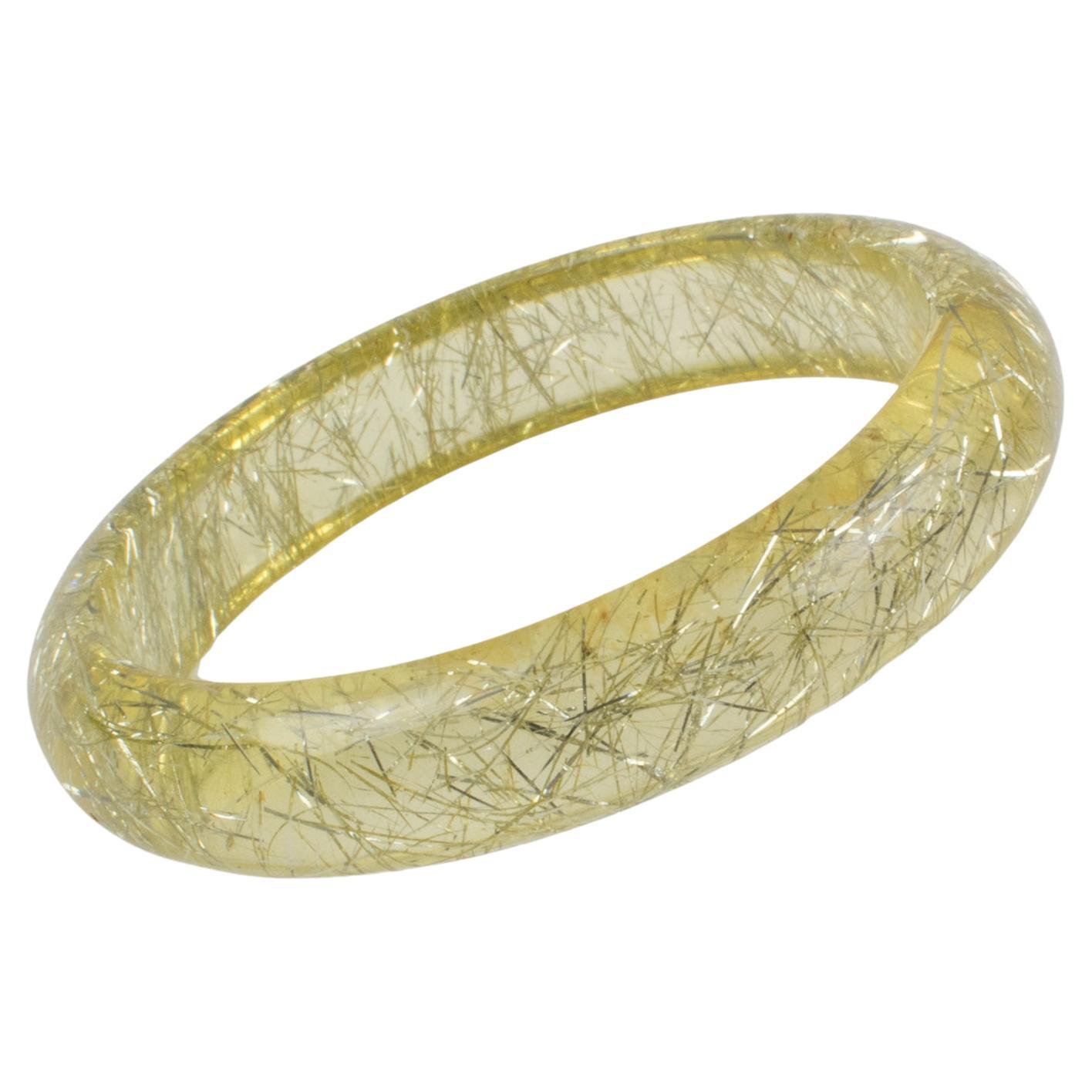 Lucite Bracelet Bangle Yellow Lemon with Silver Metallic Thread Inclusions For Sale