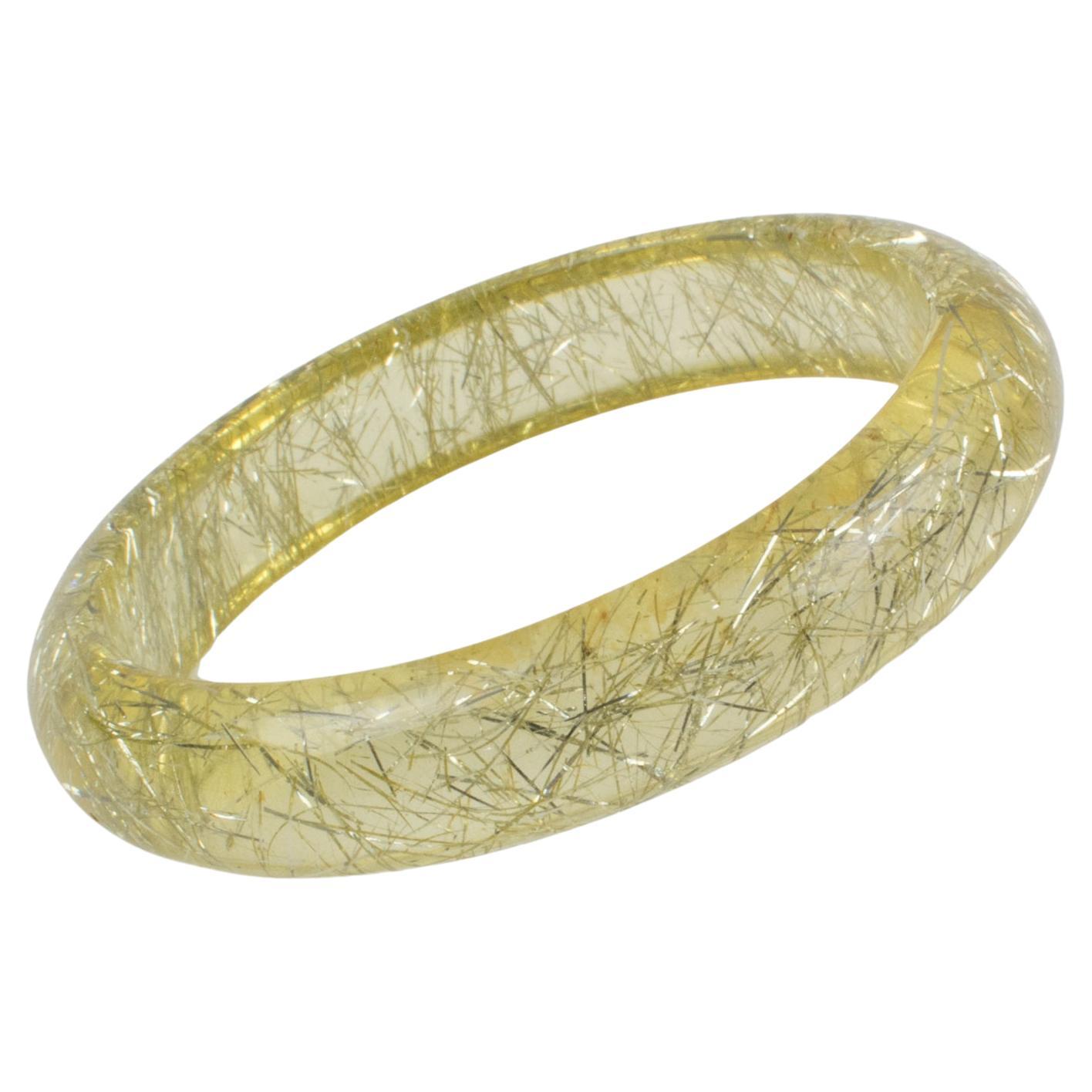 Pulsera brazalete de lucite Limón amarillo con inclusiones de hilo metálico plateado en venta