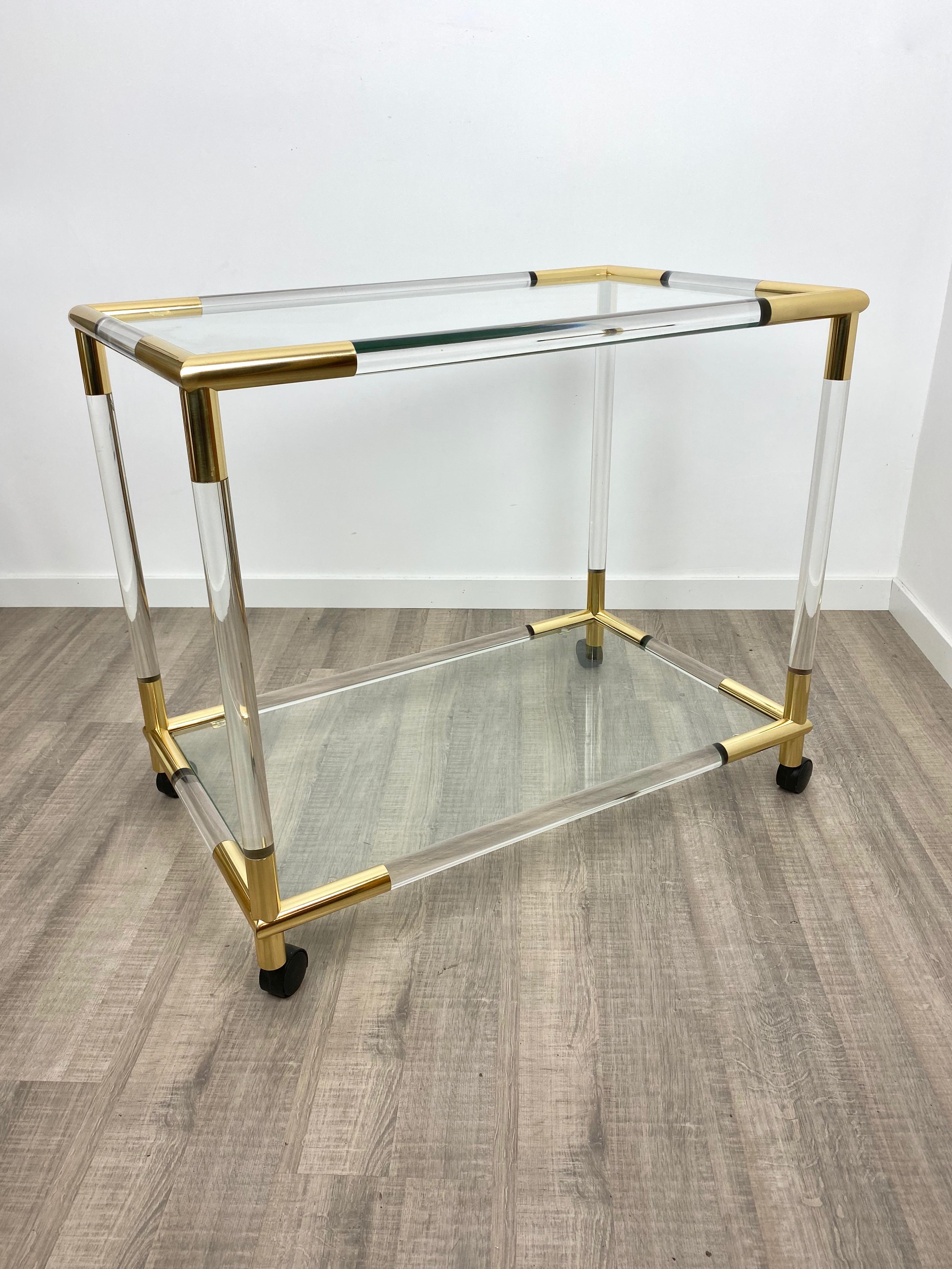 Italian Lucite, Brass and Glass Bar Serving Cart Trolley, Italy, 1970s For Sale