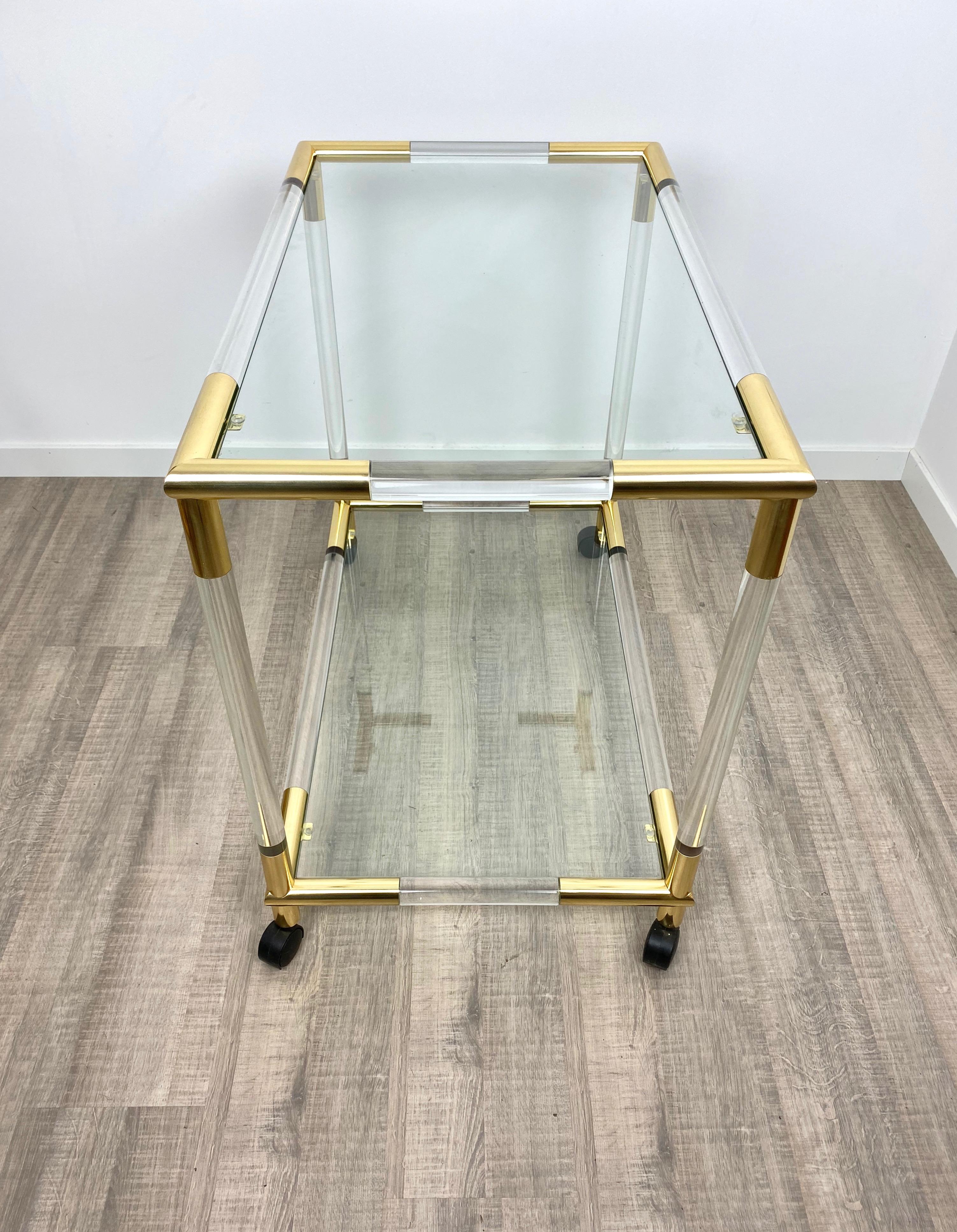Late 20th Century Lucite, Brass and Glass Bar Serving Cart Trolley, Italy, 1970s For Sale