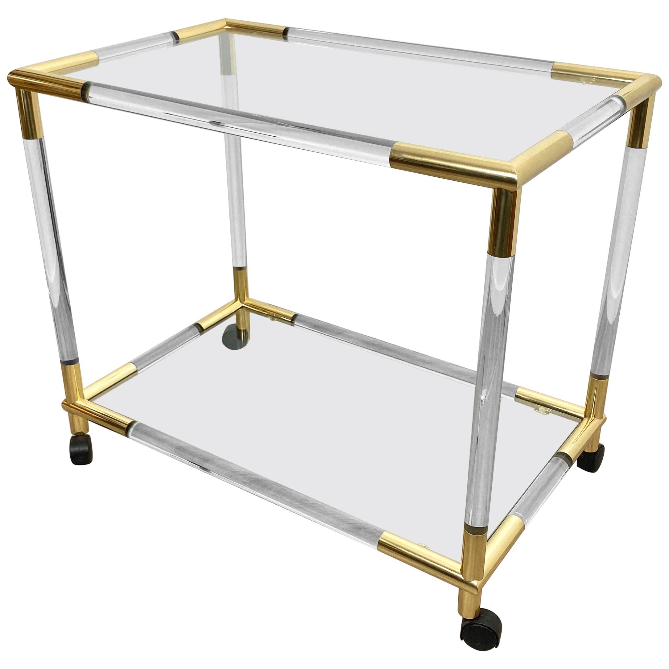 Lucite, Brass and Glass Bar Serving Cart Trolley, Italy, 1970s