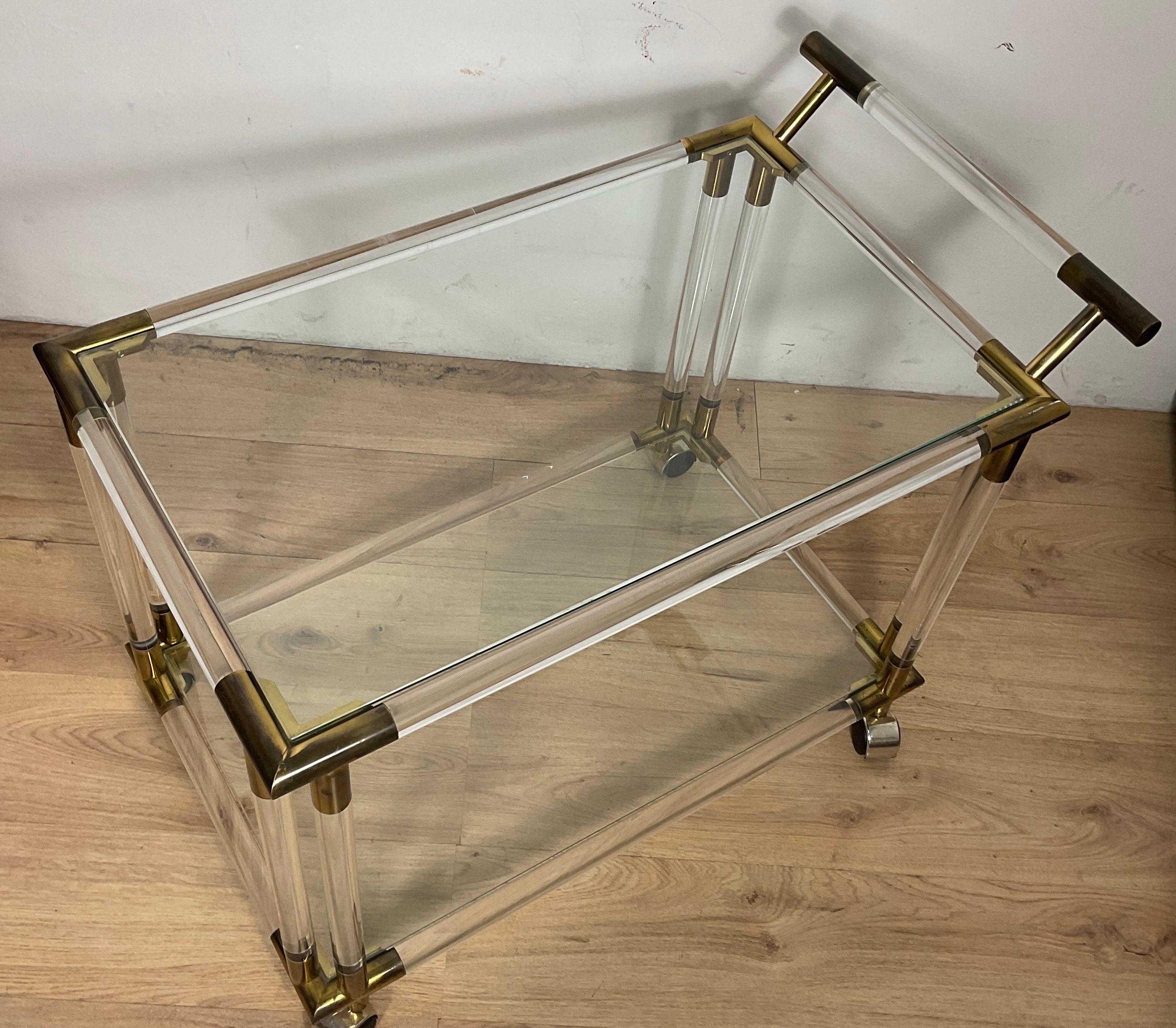 Late 20th Century Lucite, Brass and Glass Bar/Tea Cart