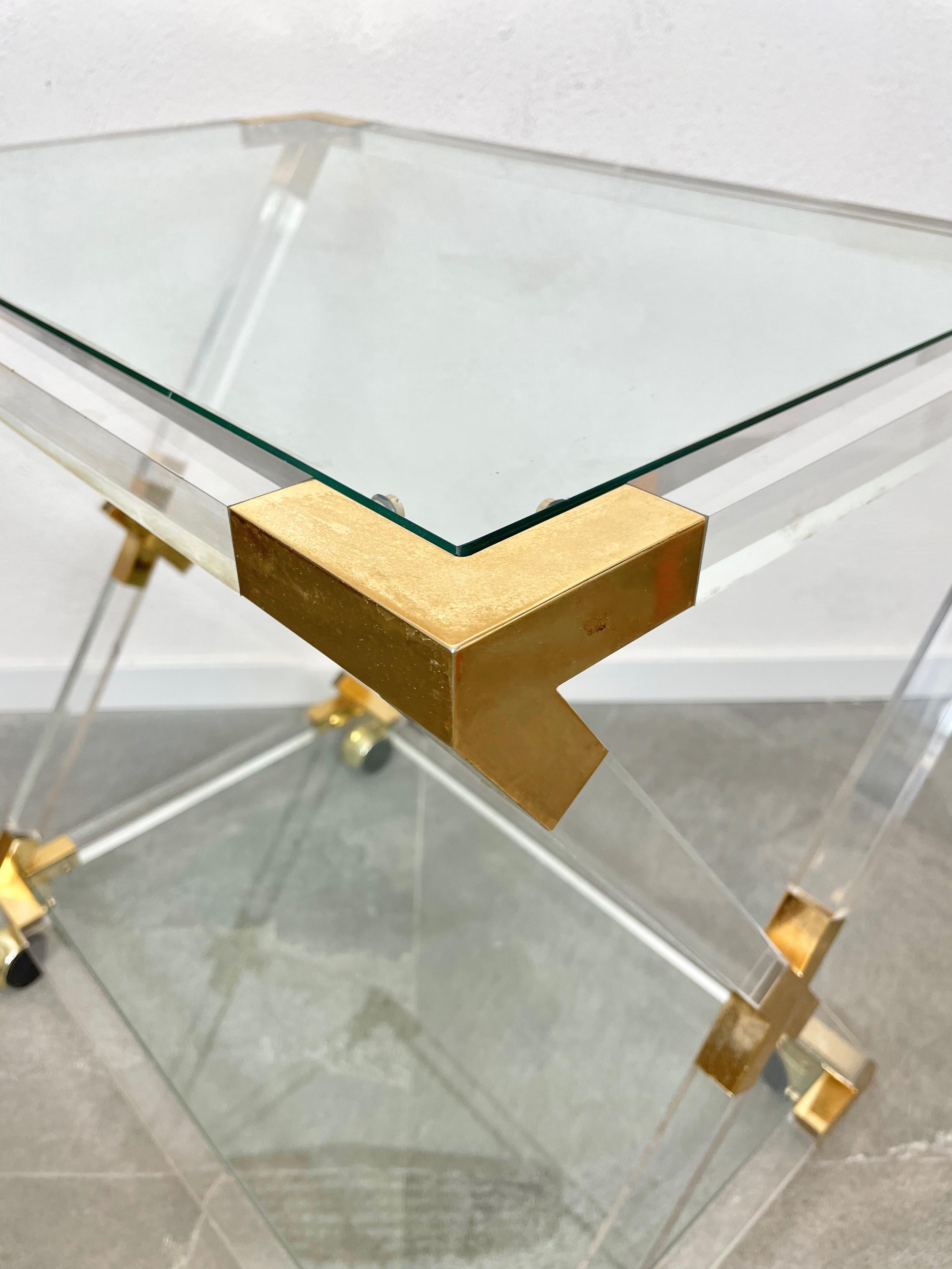 Lucite Brass and Glass Serving Cart Charles Hollis Jones Style, Italy, 1970s For Sale 6