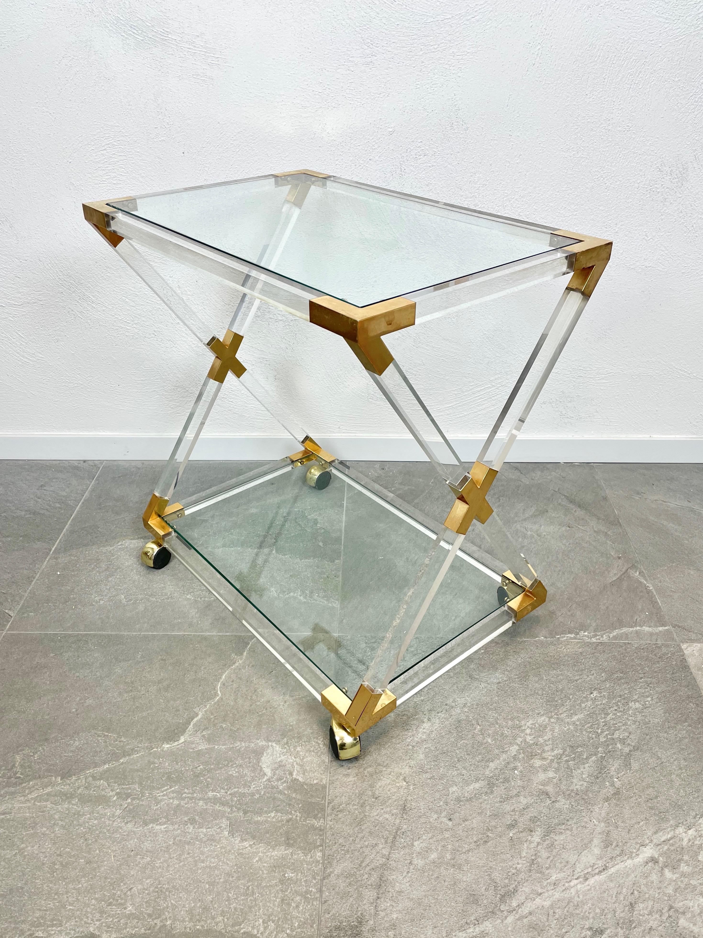 Italian Lucite Brass and Glass Serving Cart Charles Hollis Jones Style, Italy, 1970s For Sale