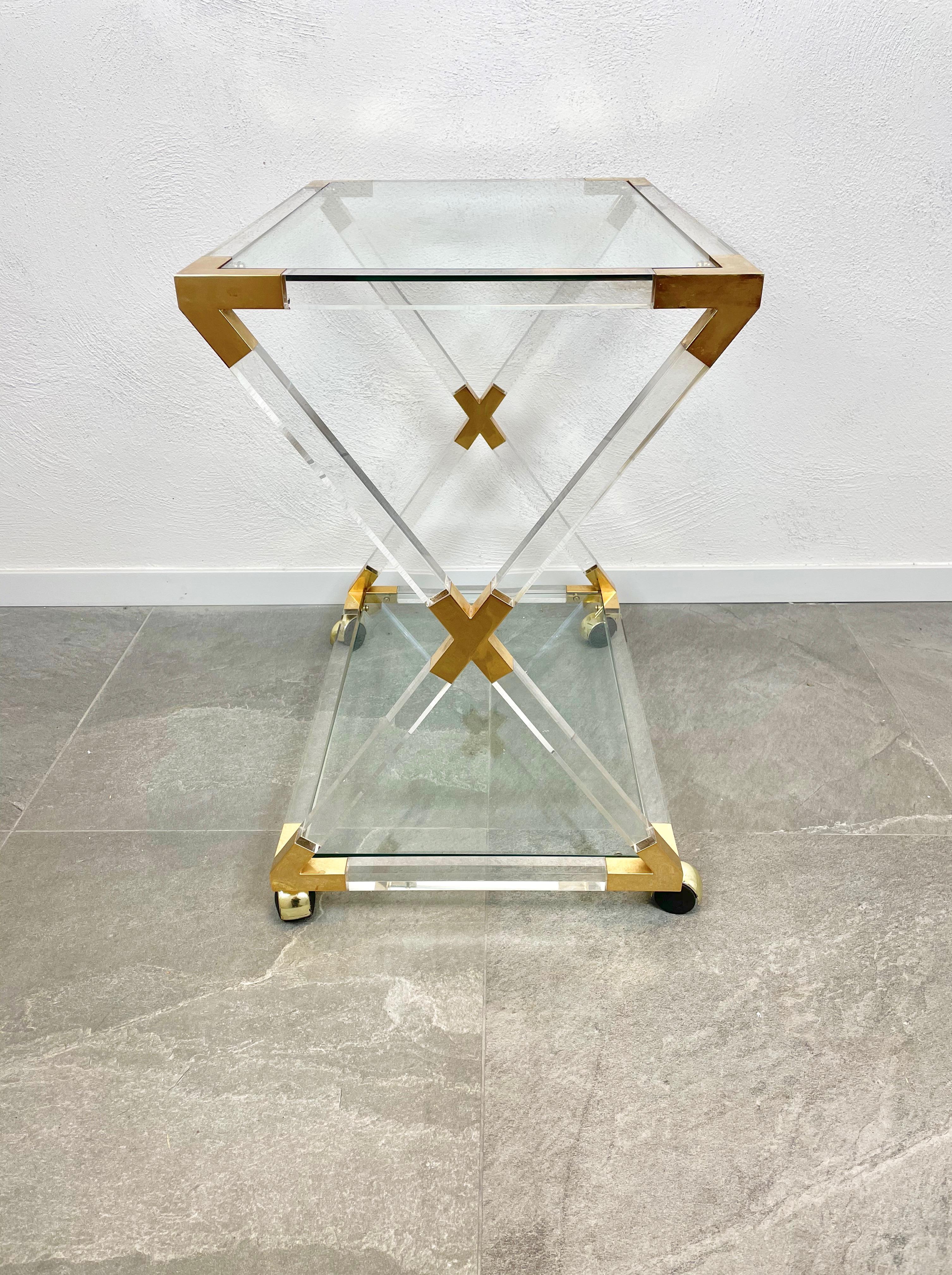 Lucite Brass and Glass Serving Cart Charles Hollis Jones Style, Italy, 1970s For Sale 3