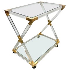 Vintage Lucite Brass and Glass Serving Cart Charles Hollis Jones Style, Italy, 1970s