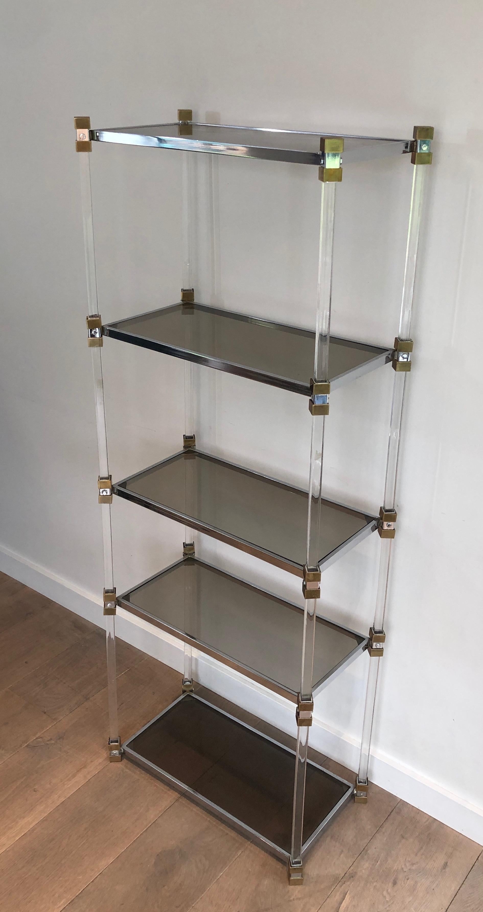 This Shelves Unit is made of lucite and brass with smoked glass shelves.This is a French work. Circa 1970