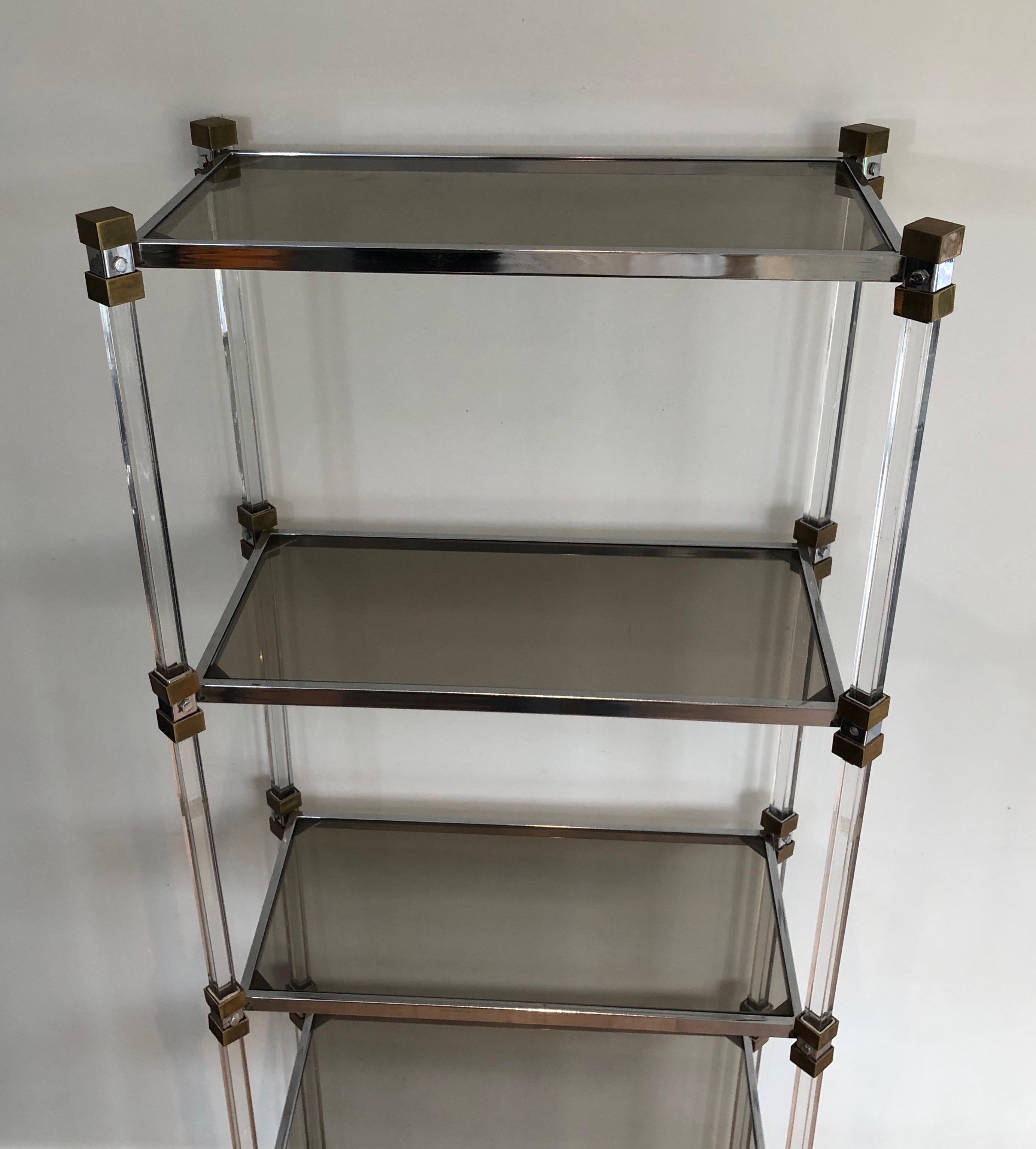 Mid-Century Modern Lucite, Brass and Glass Shelves Unit, French Work, Circa 1970