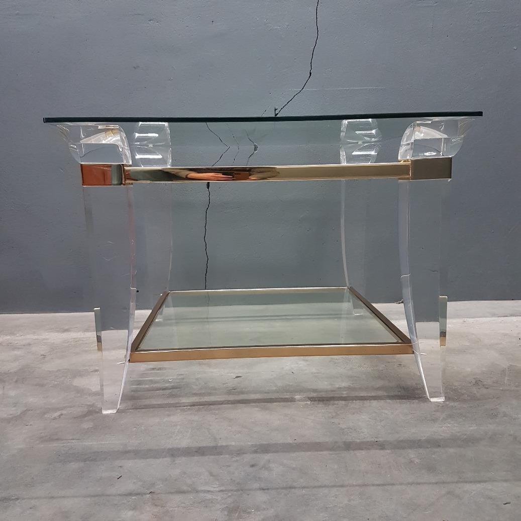 Hollywood Regency Lucite, brass and glass square coffee table or side table, 1980s