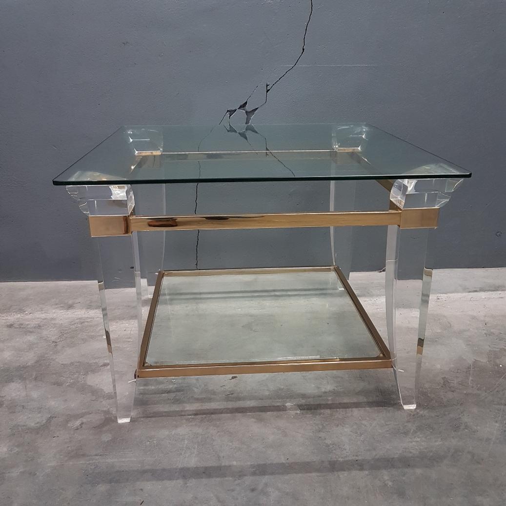 French Lucite, brass and glass square coffee table or side table, 1980s