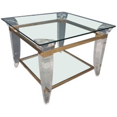 Lucite, brass and glass square coffee table or side table, 1980s