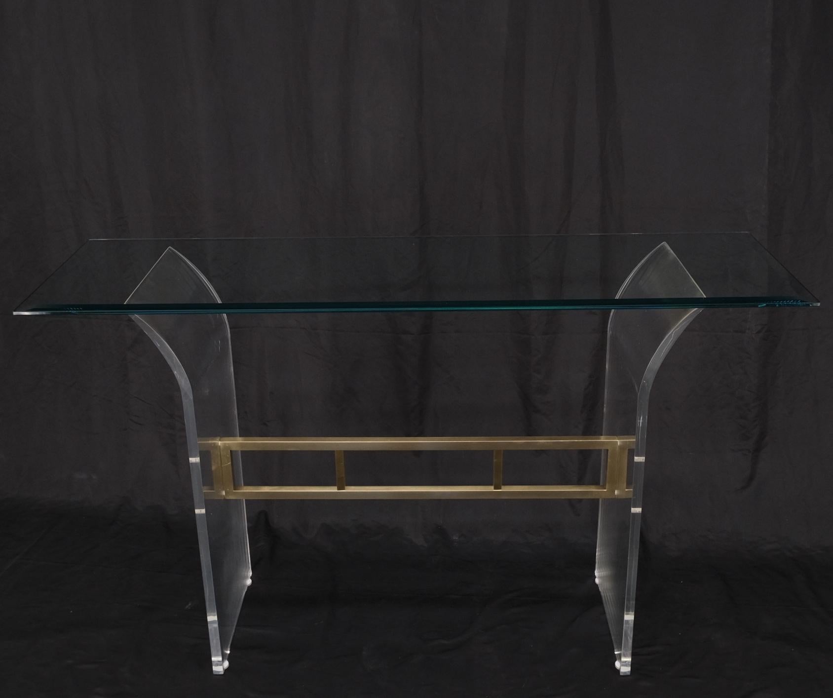 Lucite & Brass Base Glass Top Console Sofa Table Mid-Century Modern Mint For Sale 5