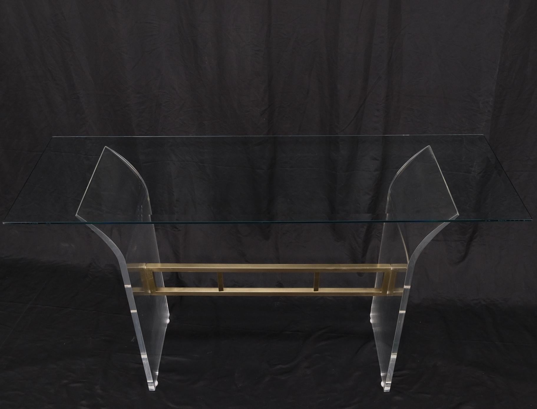 Lucite & Brass Base Glass Top Console Sofa Table Mid-Century Modern Mint For Sale 6