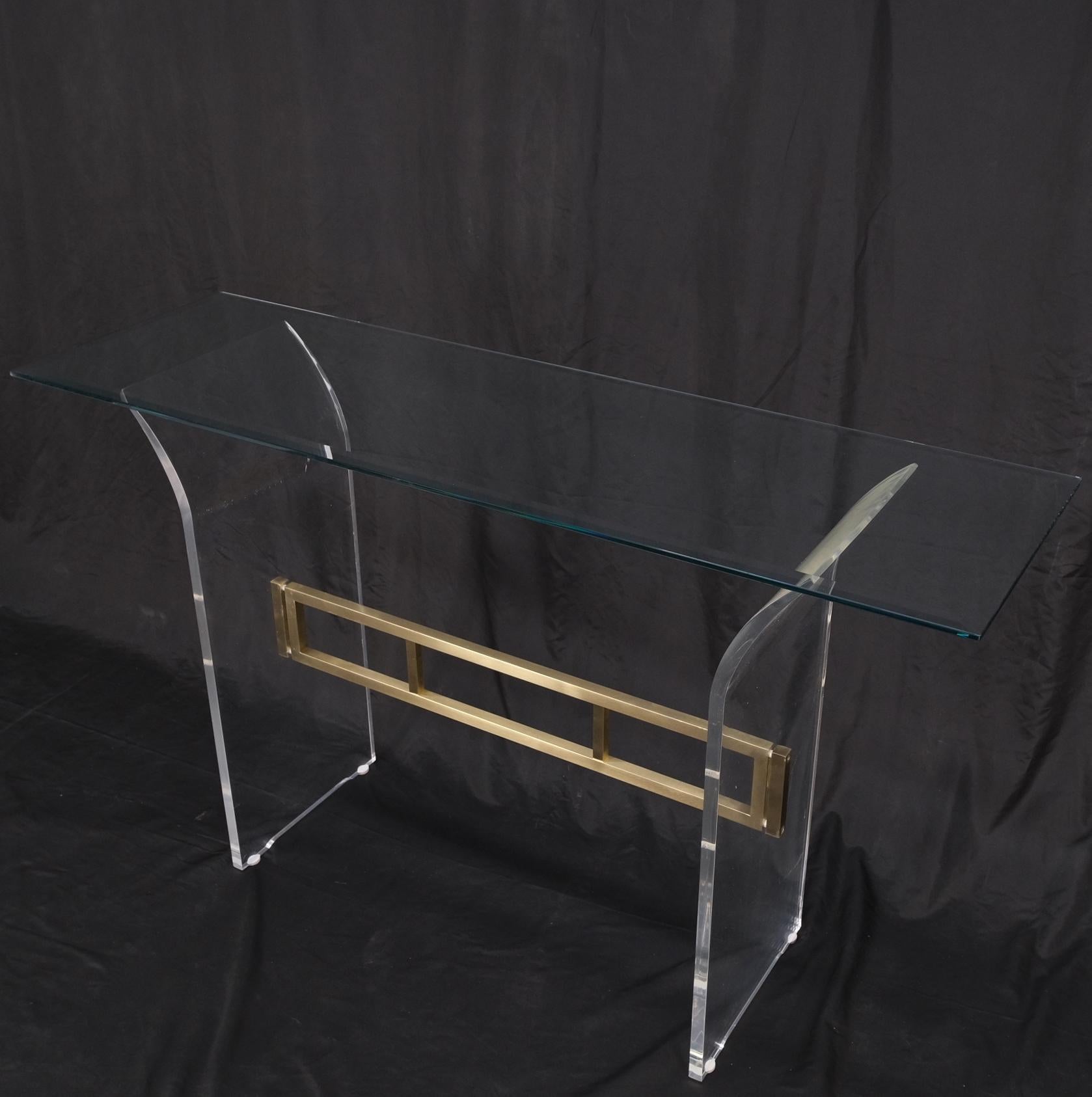 Lucite & Brass Base Glass Top Console Sofa Table Mid-Century Modern Mint For Sale 7