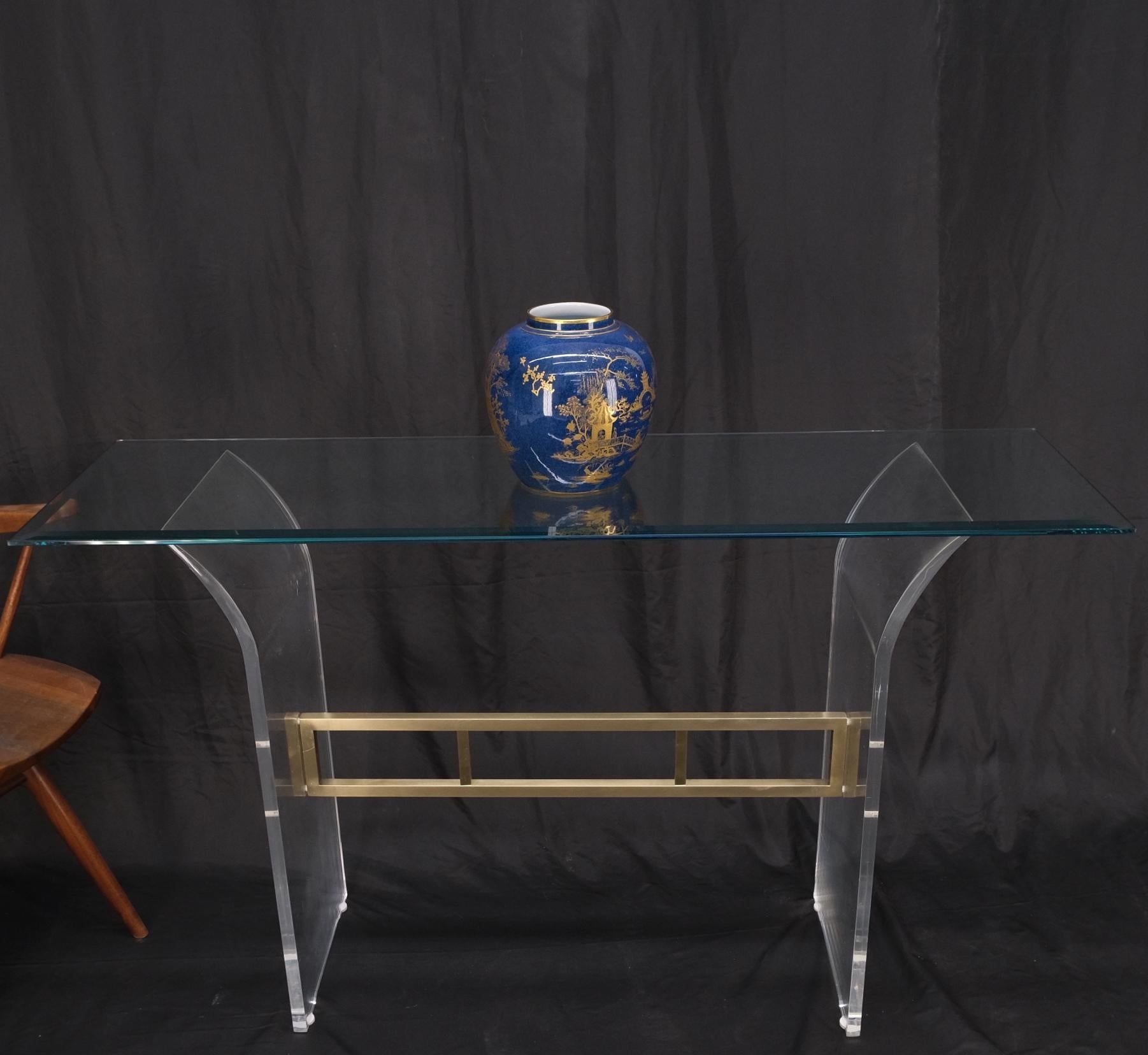 Lucite & Brass Base Glass Top Console Sofa Table Mid-Century Modern Mint For Sale 8