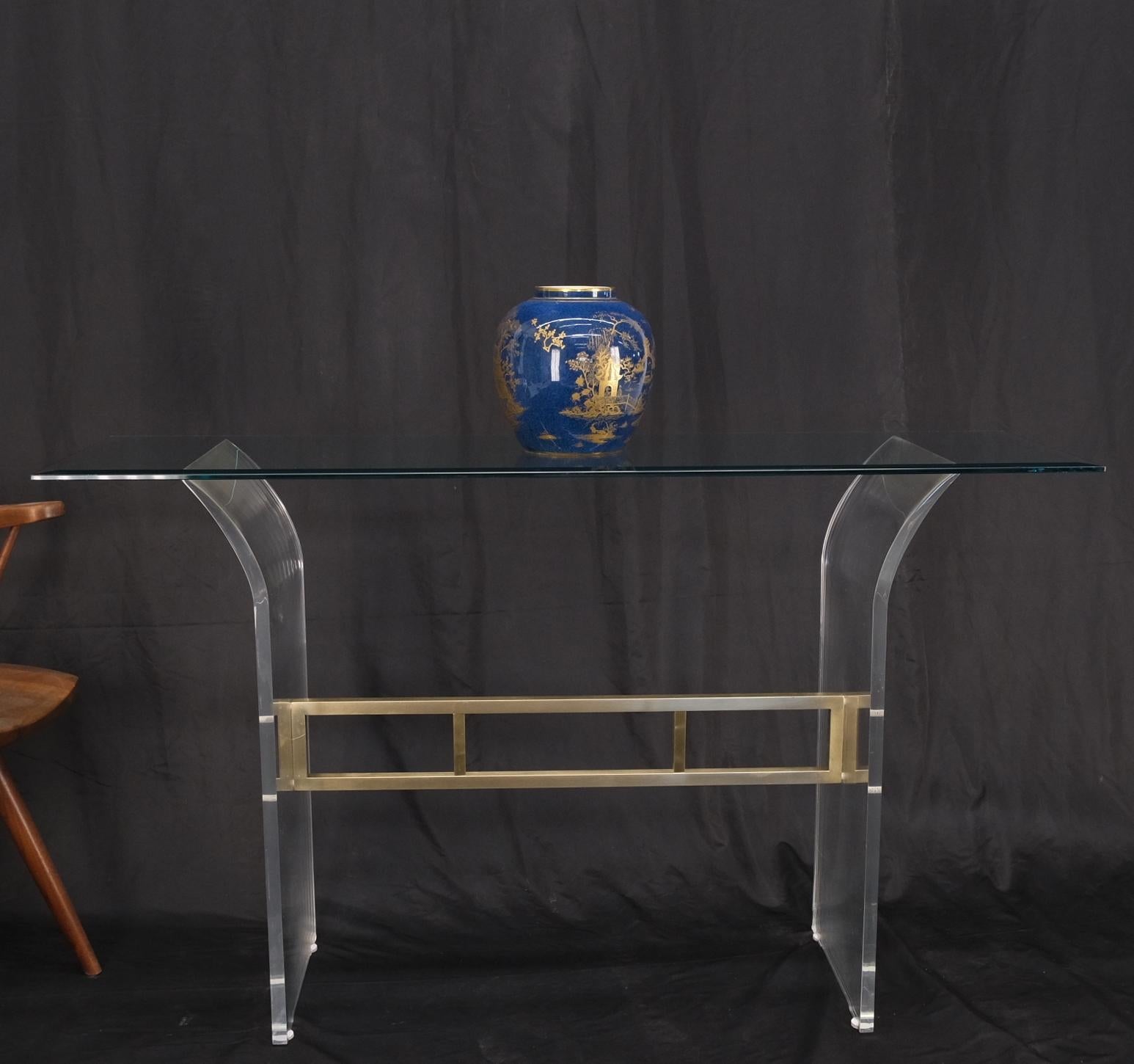 Lucite & Brass Base Glass Top Console Sofa Table Mid-Century Modern Mint For Sale 9