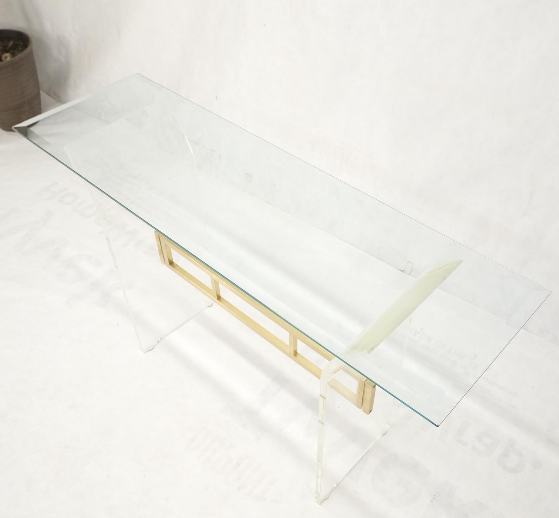 Lucite & Brass Base Glass Top Console Sofa Table Mid-Century Modern Mint For Sale 10