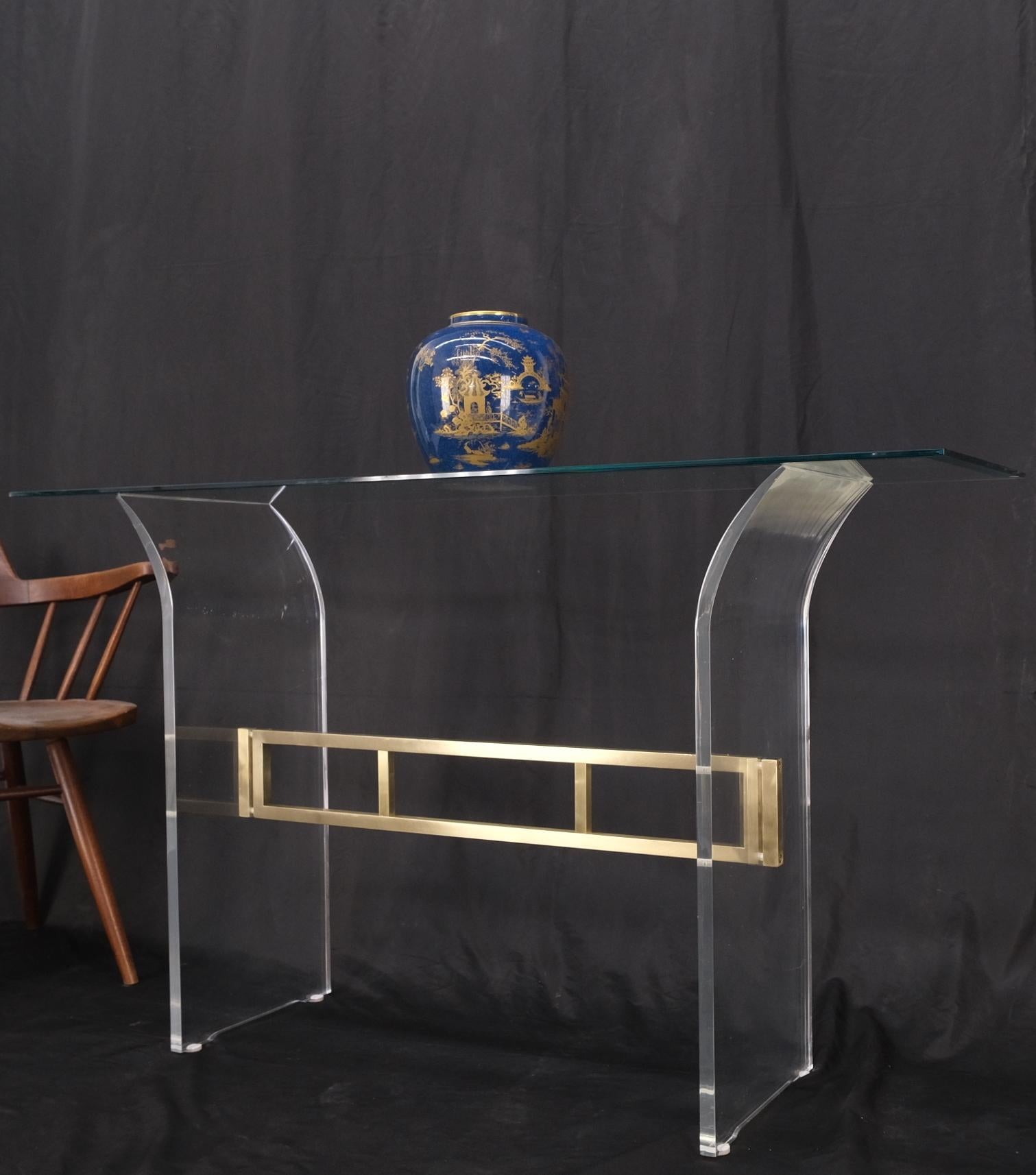 American Lucite & Brass Base Glass Top Console Sofa Table Mid-Century Modern Mint For Sale