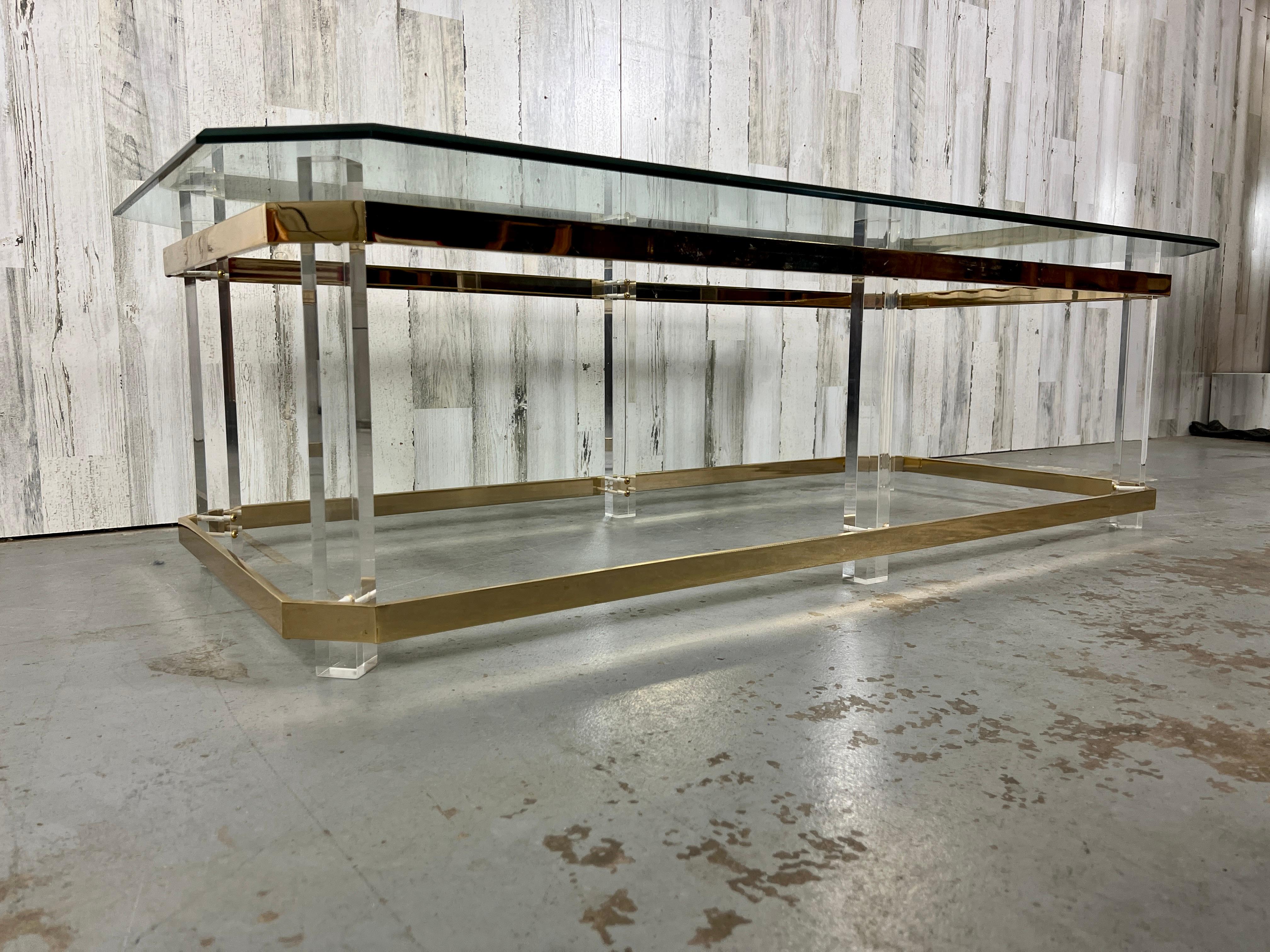 20th Century Lucite & Brass Cocktail Table, 1980s For Sale