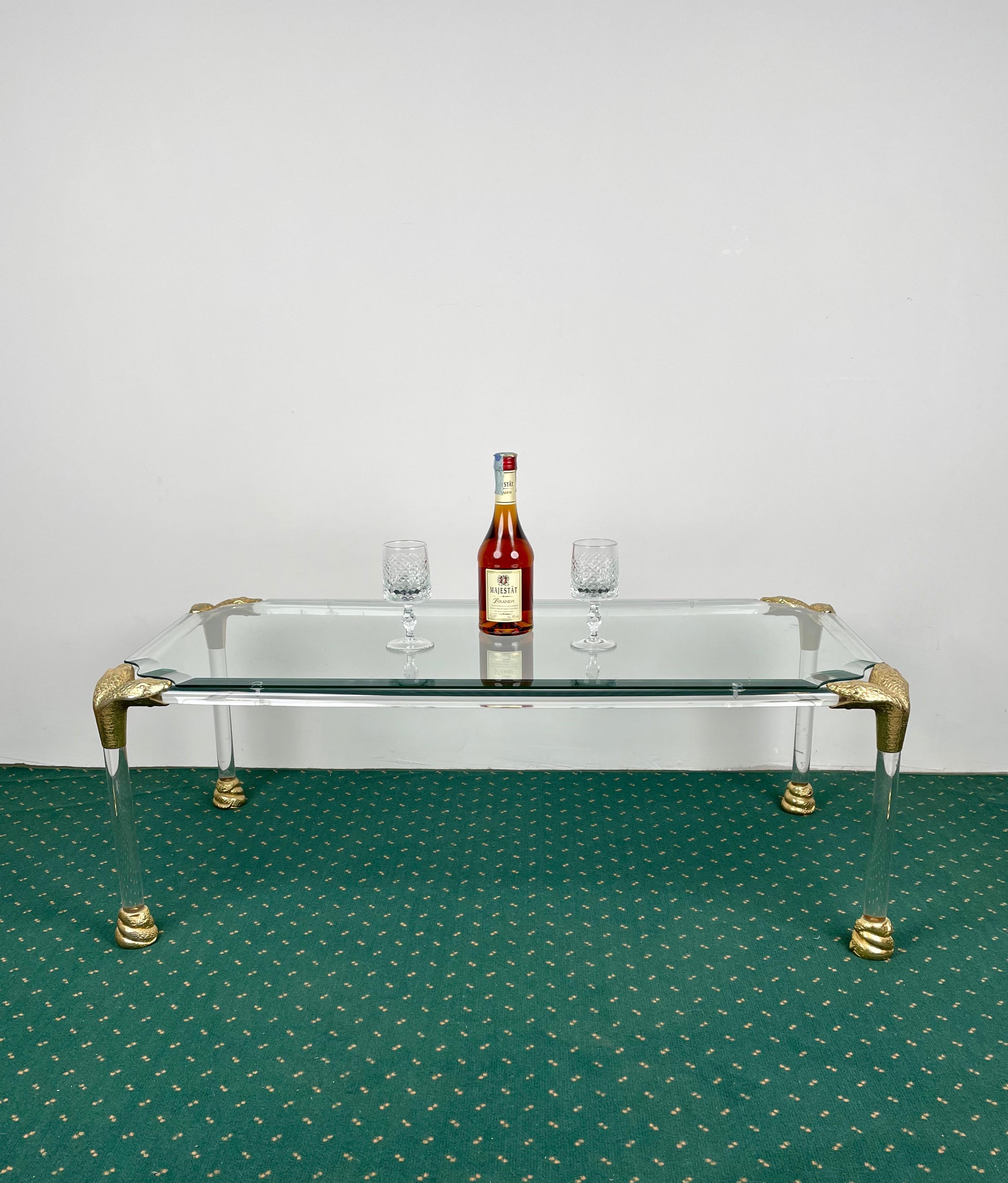 Lucite and Brass Coffee Table with Snake Head Details, Italy, 1970s 3