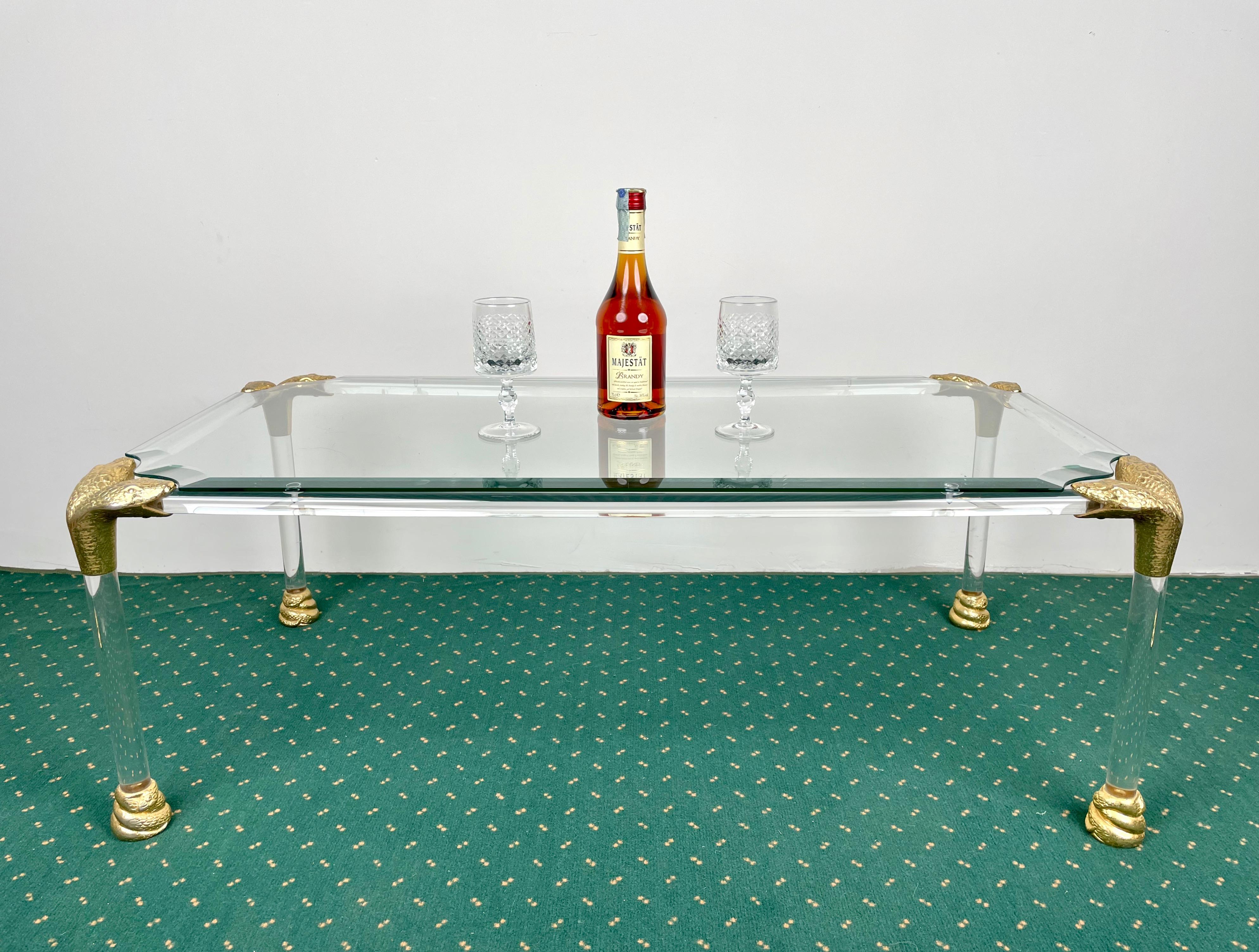 Mid-Century Modern Lucite and Brass Coffee Table with Snake Head Details, Italy, 1970s