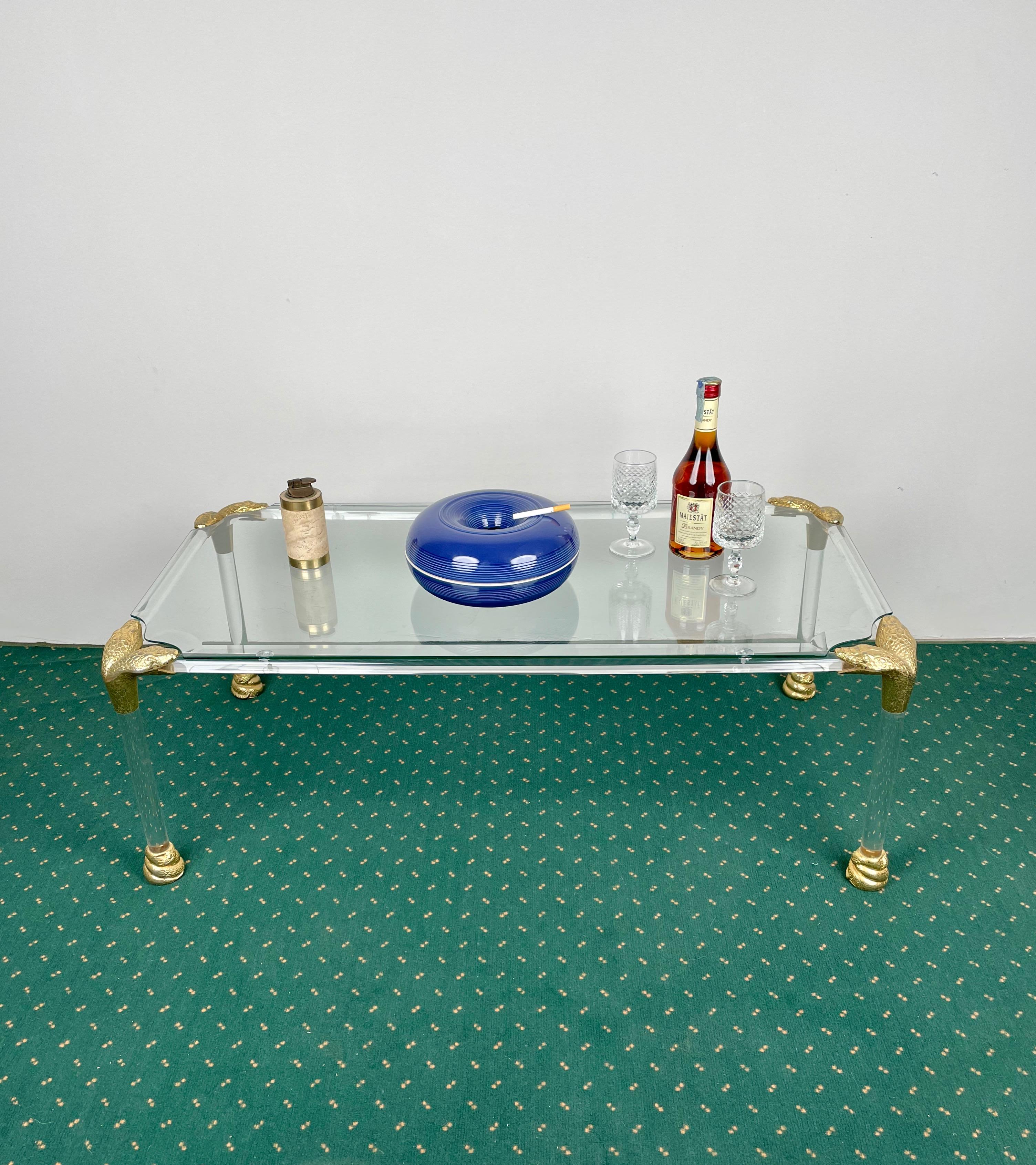Italian Lucite and Brass Coffee Table with Snake Head Details, Italy, 1970s