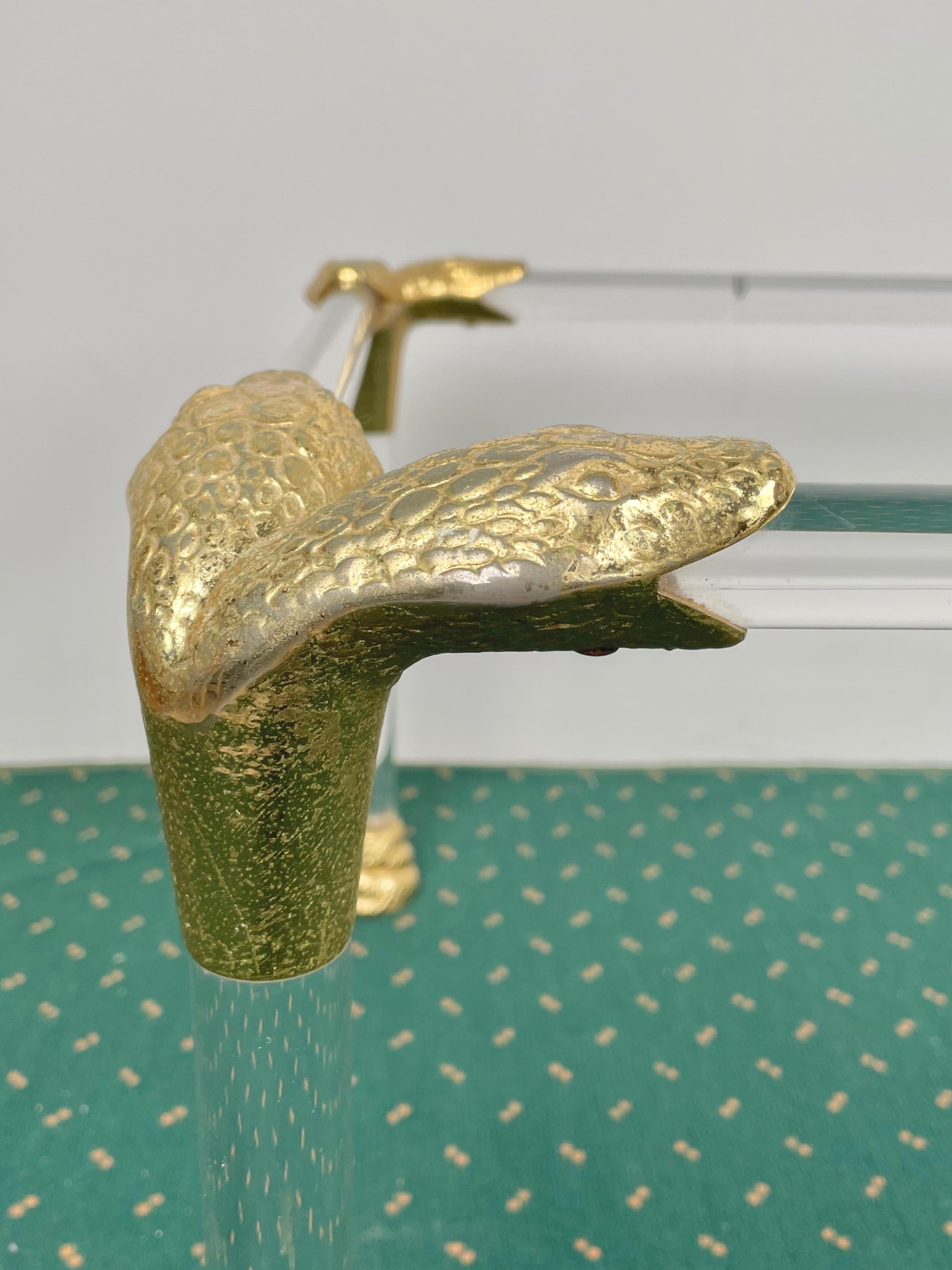 Lucite and Brass Coffee Table with Snake Head Details, Italy, 1970s In Good Condition In Rome, IT