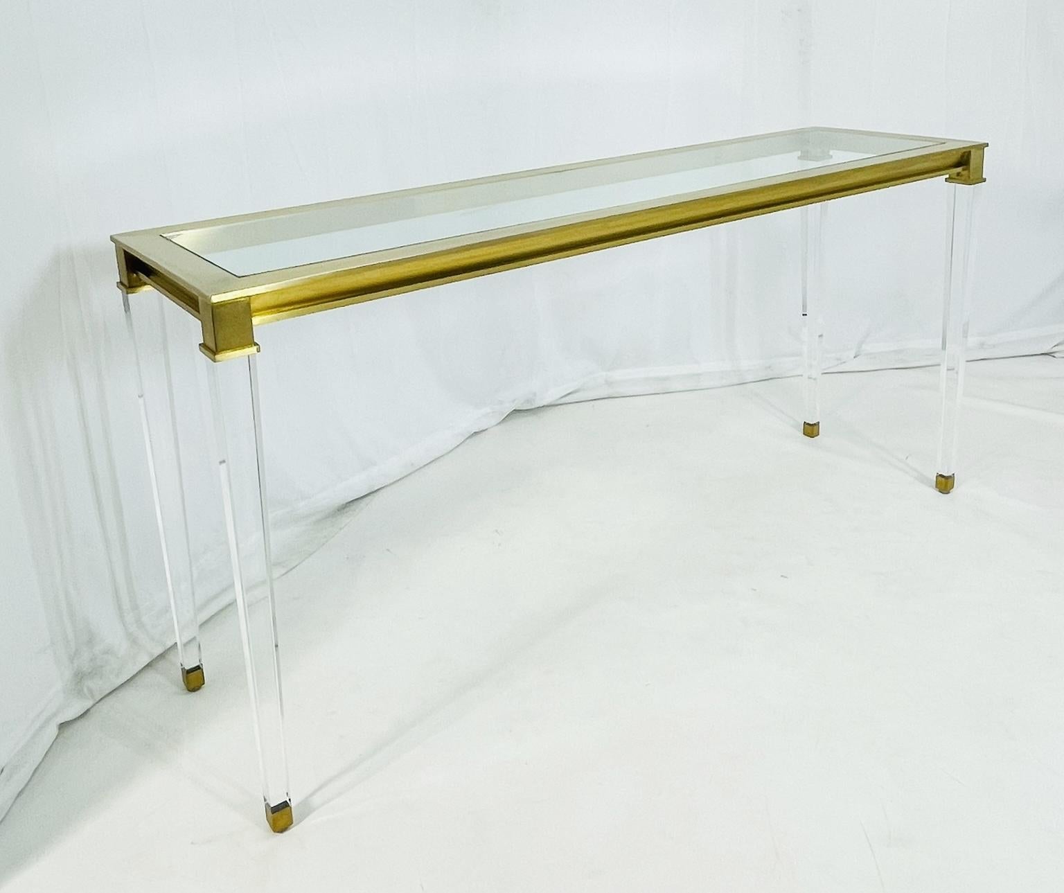 Mid-Century Modern Lucite & Brass Console Table With Glass Top after Charles Hollis Jones. For Sale