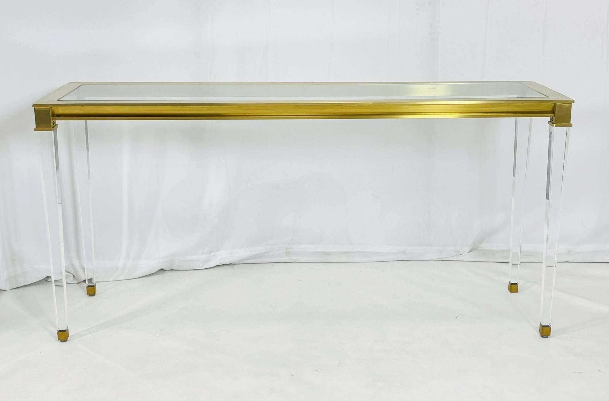 American Lucite & Brass Console Table With Glass Top after Charles Hollis Jones. For Sale