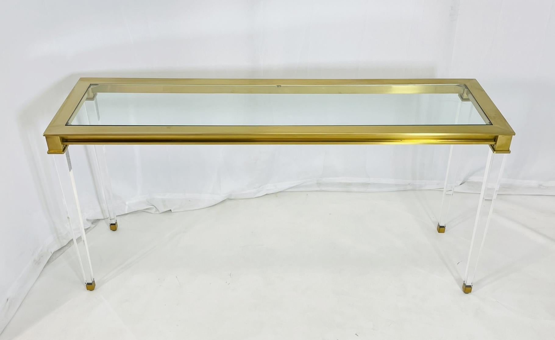 Lucite & Brass Console Table With Glass Top after Charles Hollis Jones. In Good Condition For Sale In Los Angeles, CA