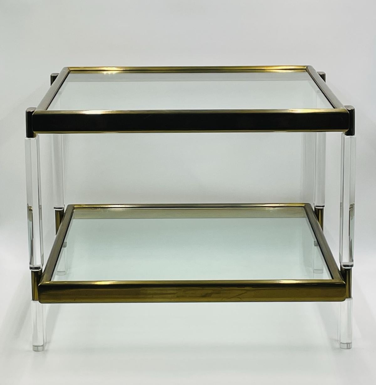 Mid-Century Modern Lucite, Brass & Glass 2 Tier Table by Charles Hollis Jones For Sale