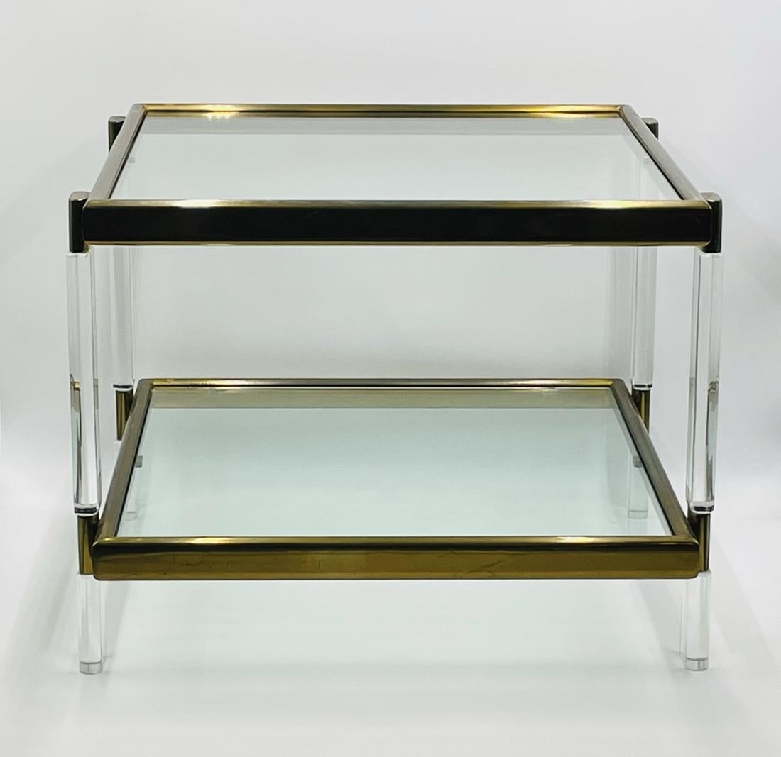 American Lucite, Brass & Glass 2 Tier Table by Charles Hollis Jones For Sale