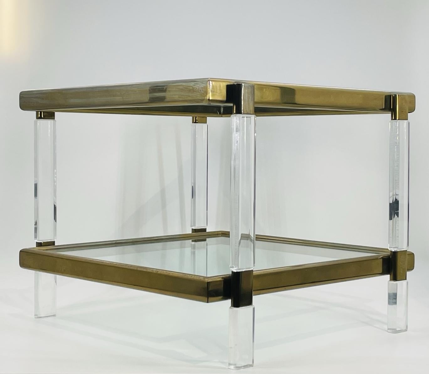 Lucite, Brass & Glass 2 Tier Table by Charles Hollis Jones In Fair Condition For Sale In Los Angeles, CA