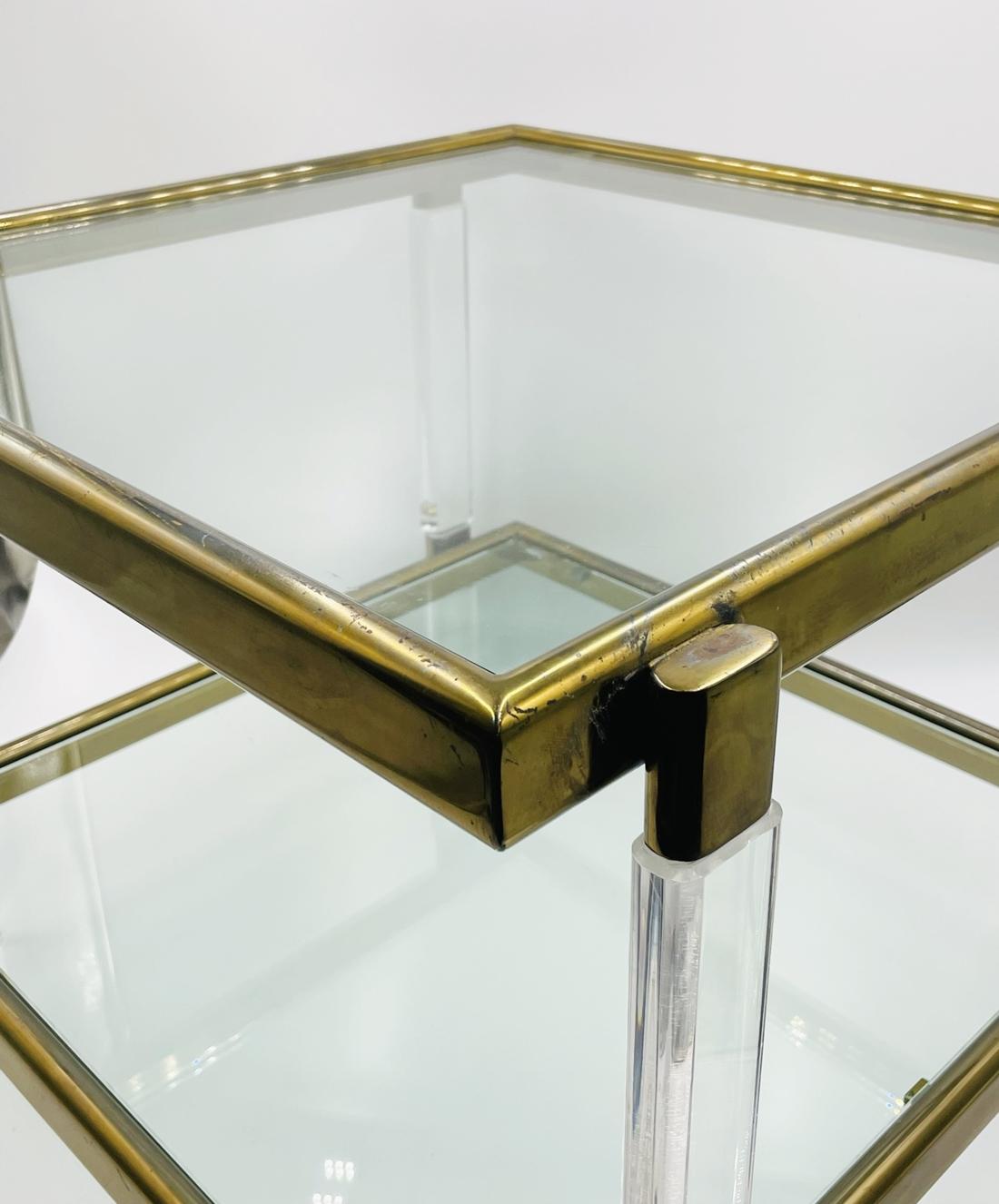 Lucite, Brass & Glass 2 Tier Table by Charles Hollis Jones For Sale 1