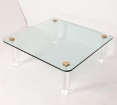 Lucite Brass Glass Coffee Table by Leon Rosen for Pace Mid Century Modern 42x16