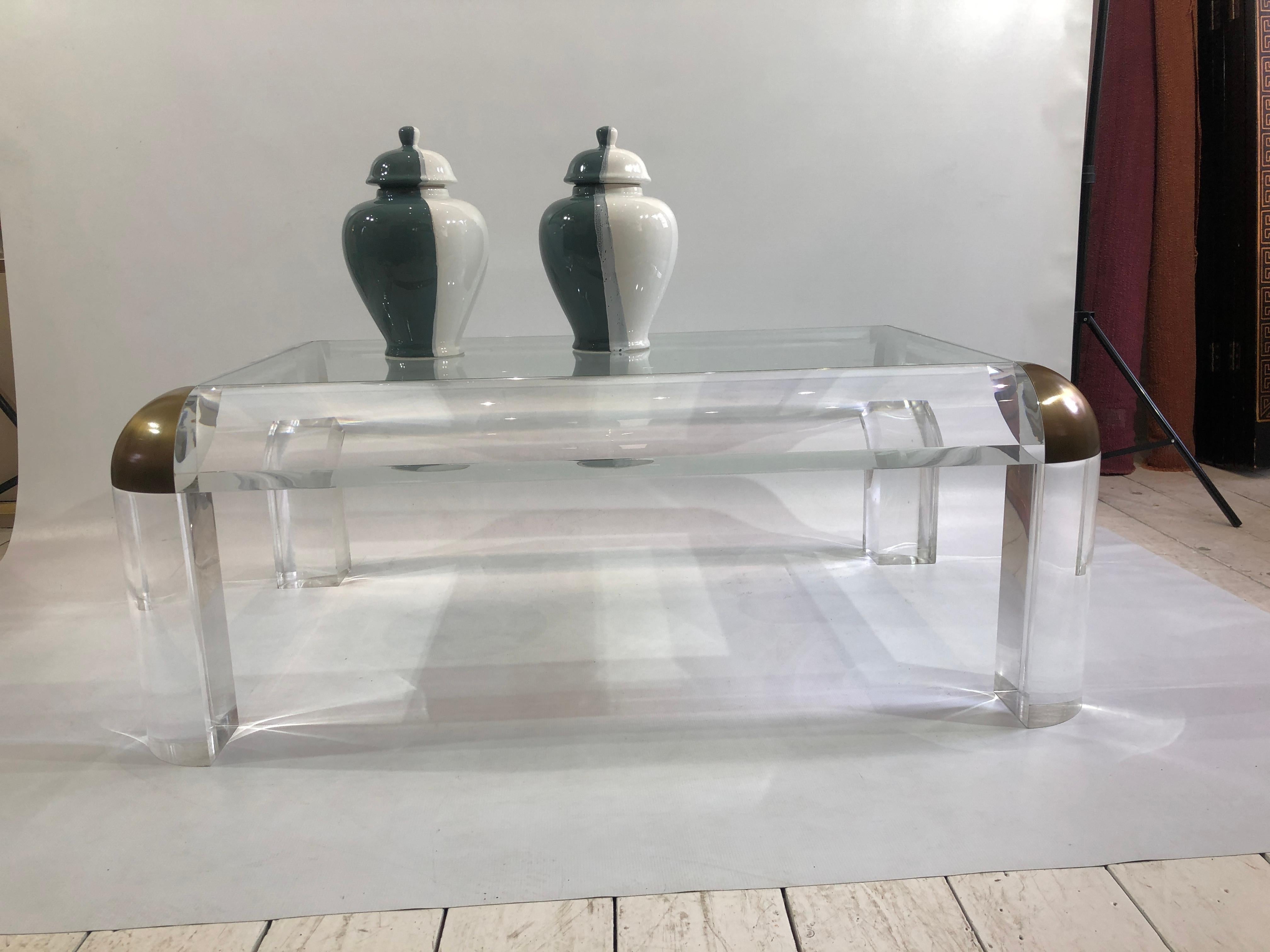 Lucite Brass Glass Karl Springer Style Coffee Table 1970s Modernist Mid-century For Sale 4