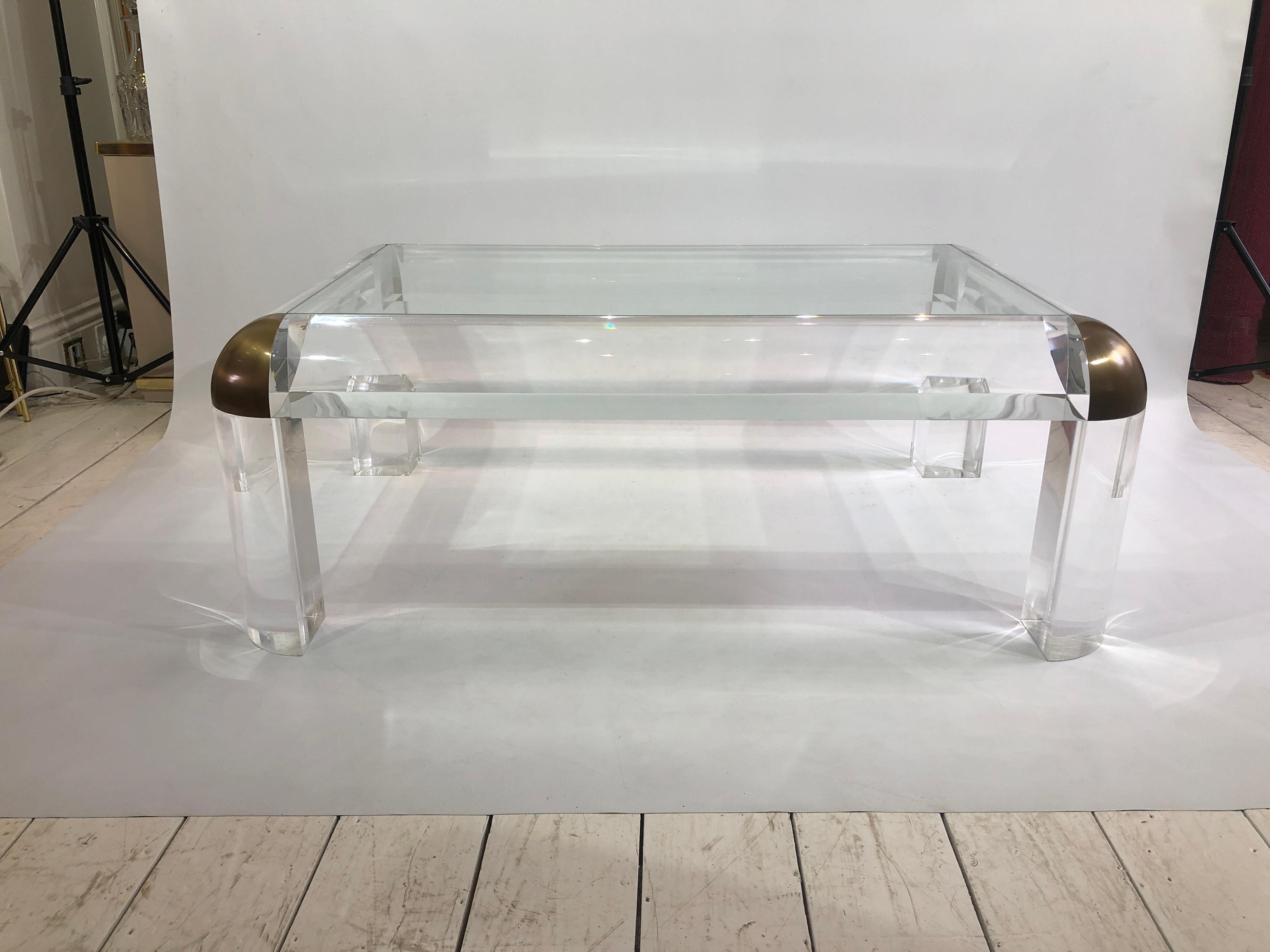 Post-Modern Lucite Brass Glass Karl Springer Style Coffee Table 1970s Modernist Mid-century For Sale