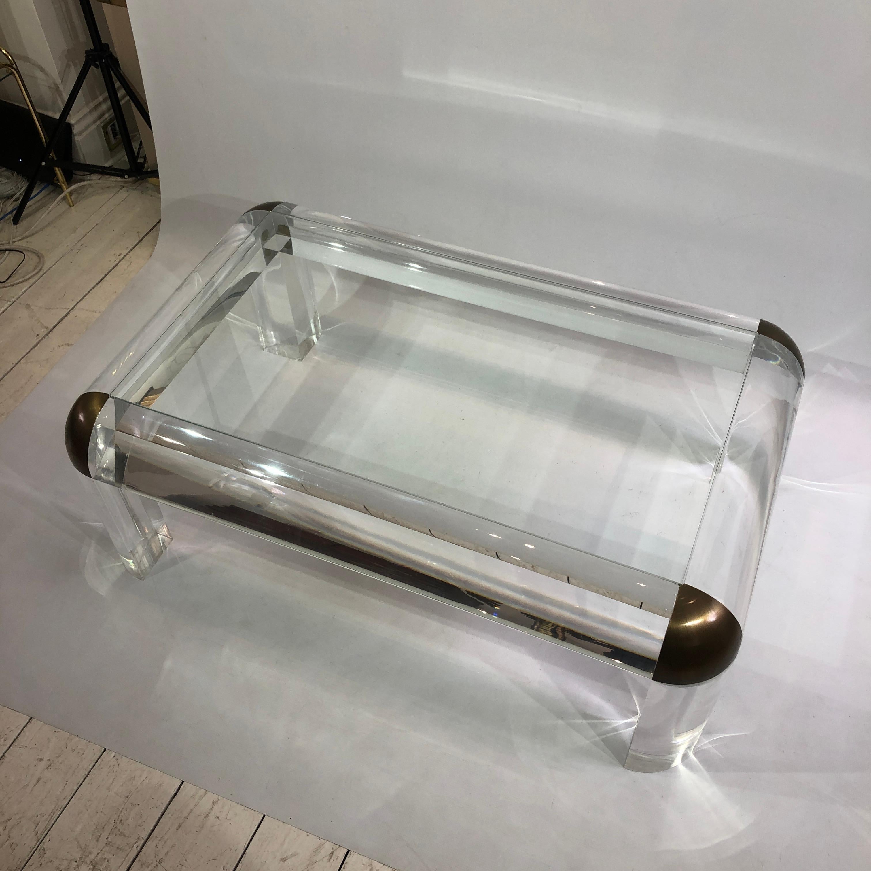 Lucite Brass Glass Karl Springer Style Coffee Table 1970s Modernist Mid-century For Sale 1