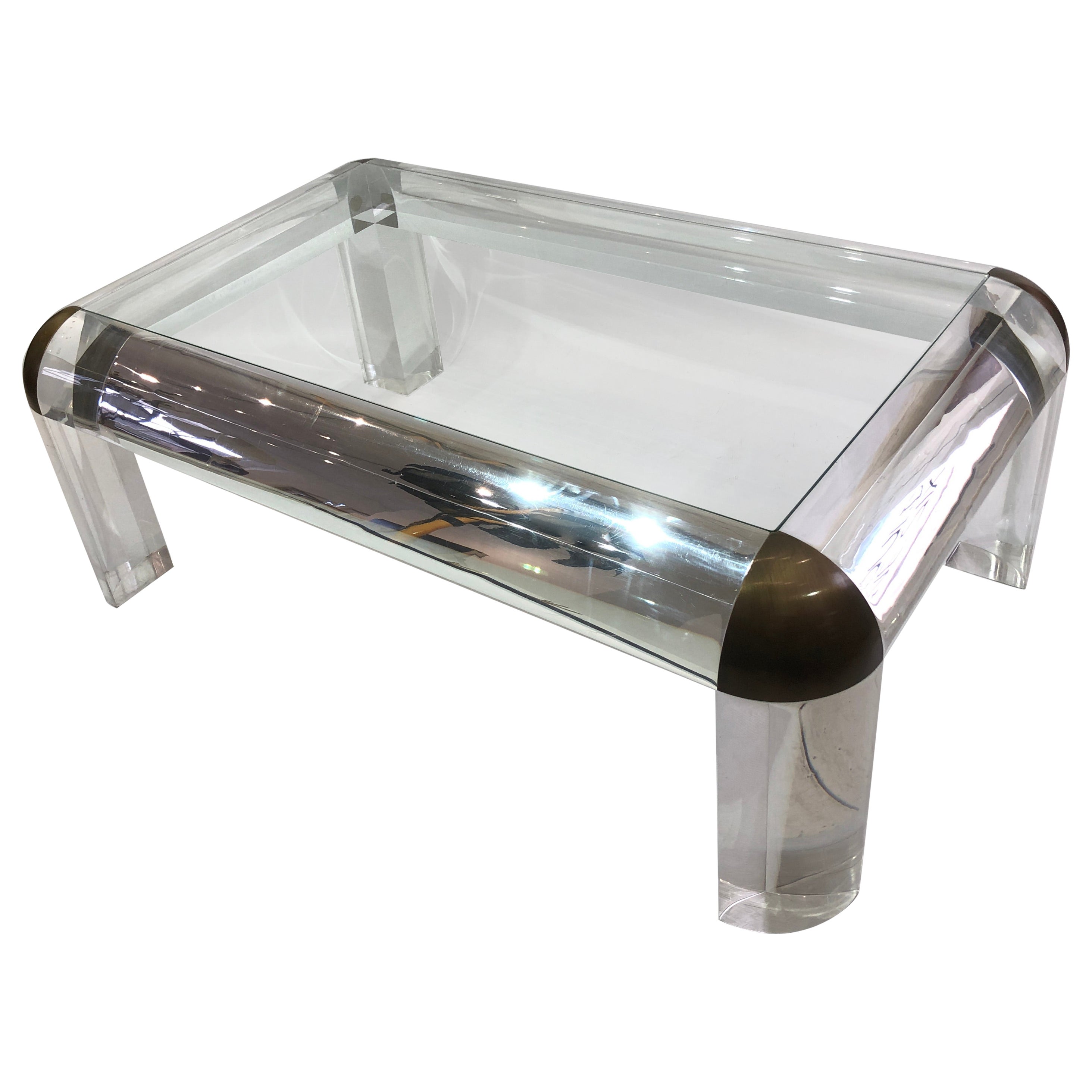 Lucite Brass Glass Karl Springer Style Coffee Table 1970s Modernist Mid-century For Sale