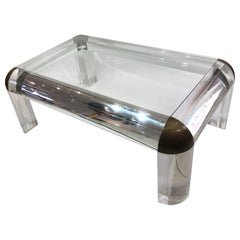 Tavolino da caffè in lucite, ottone, vetro, stile Karl Springer, anni '70, modernista, metà del secolo scorso