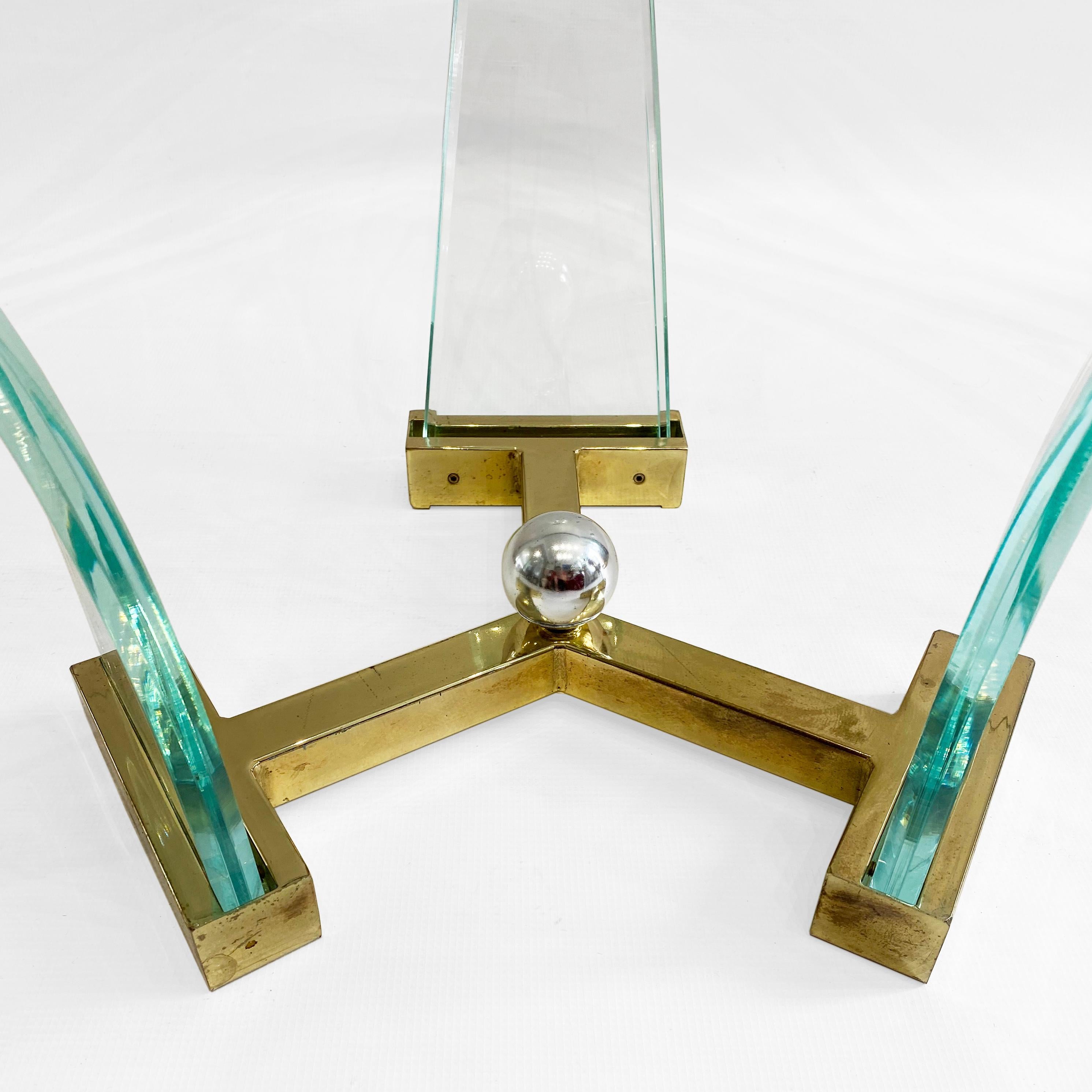 Lucite Brass Glass Round Glass Coffee Table 1980s Hollywood Charles Hollis Jones 4