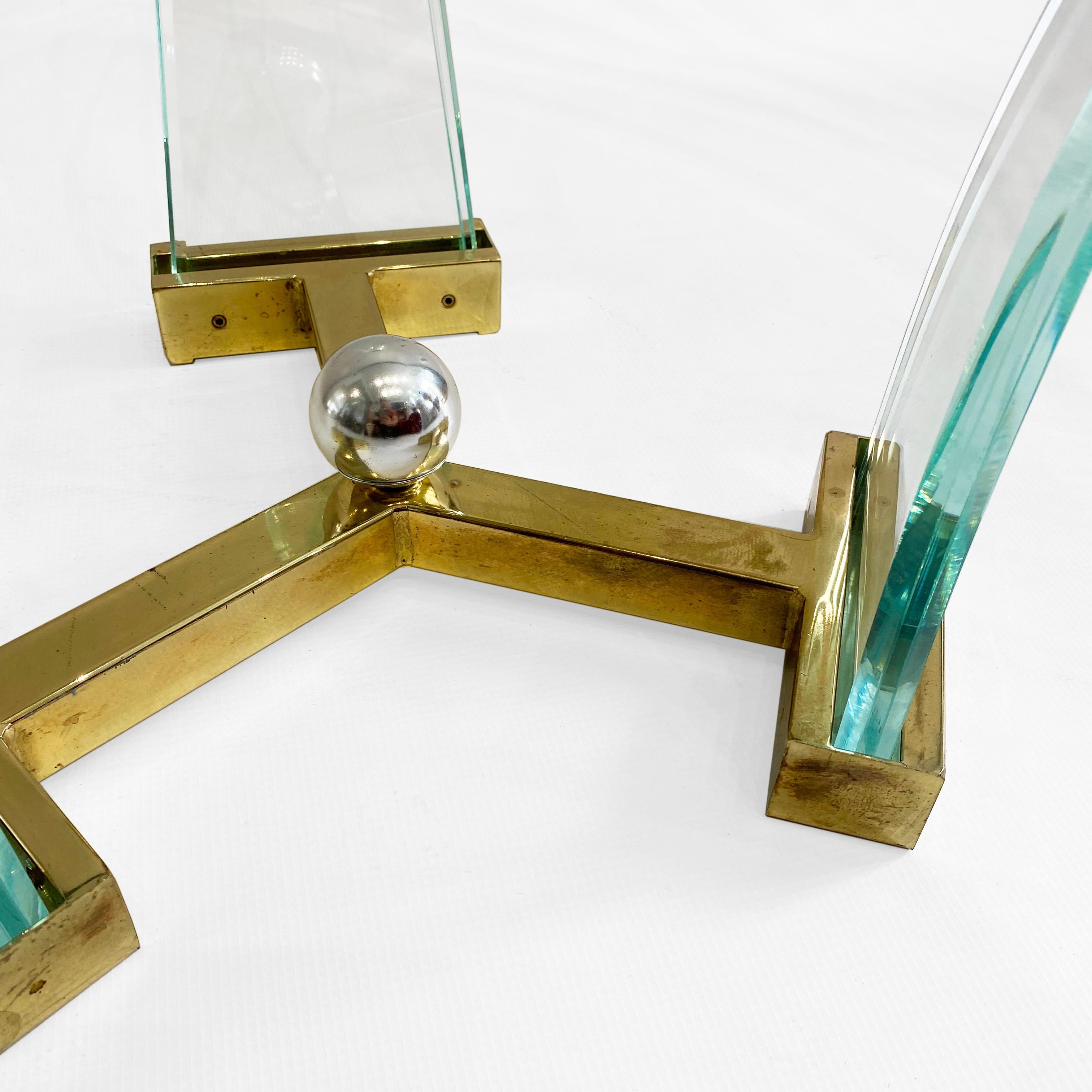 Lucite Brass Glass Round Glass Coffee Table 1980s Hollywood Charles Hollis Jones 5