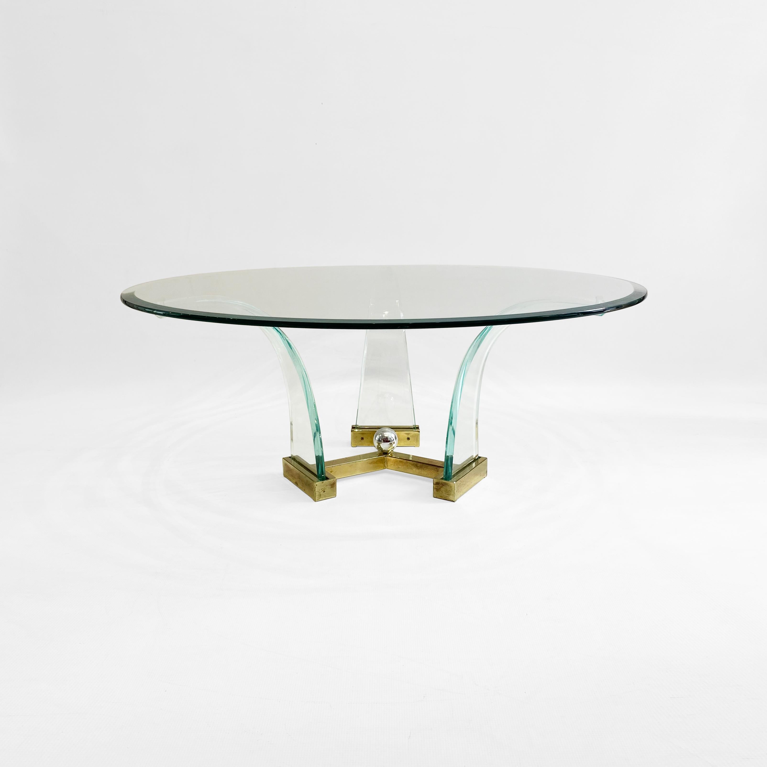 Post-Modern Lucite Brass Glass Round Glass Coffee Table 1980s Hollywood Charles Hollis Jones