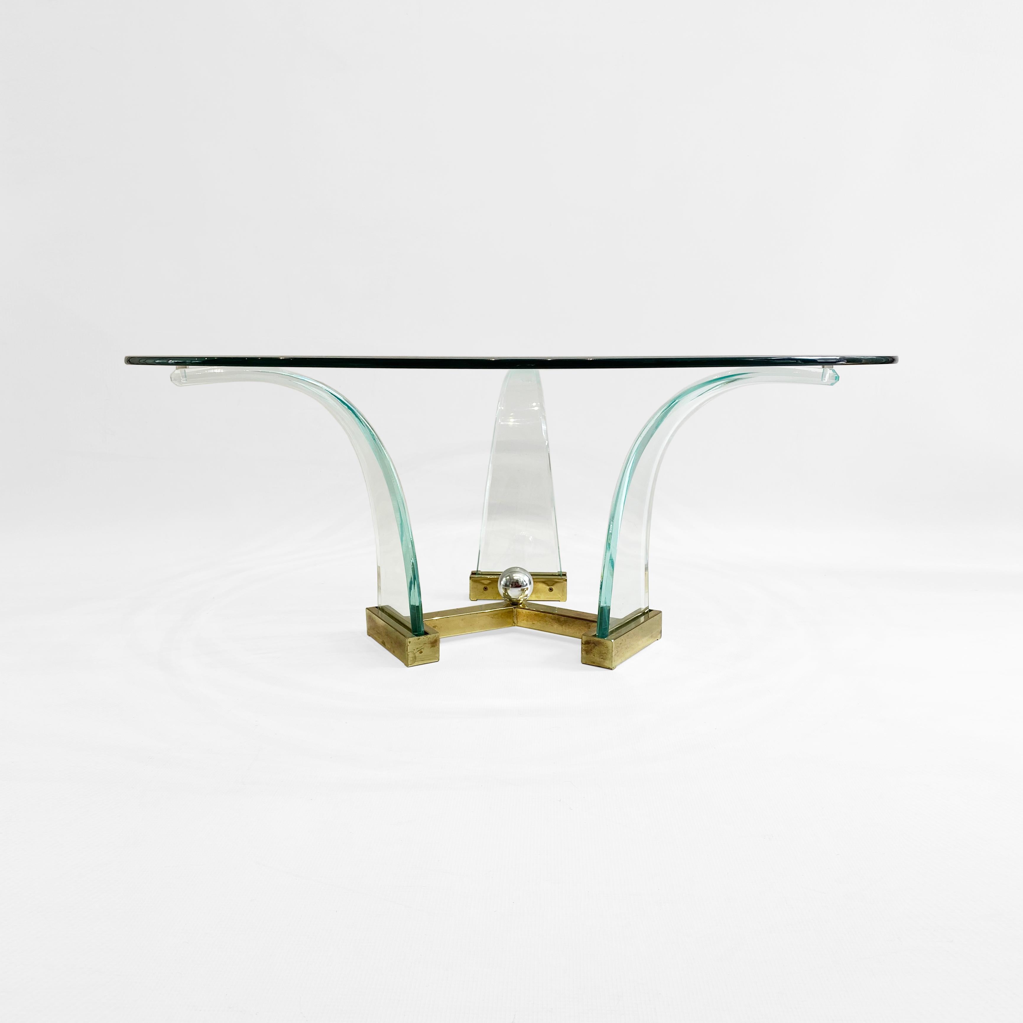 American Lucite Brass Glass Round Glass Coffee Table 1980s Hollywood Charles Hollis Jones