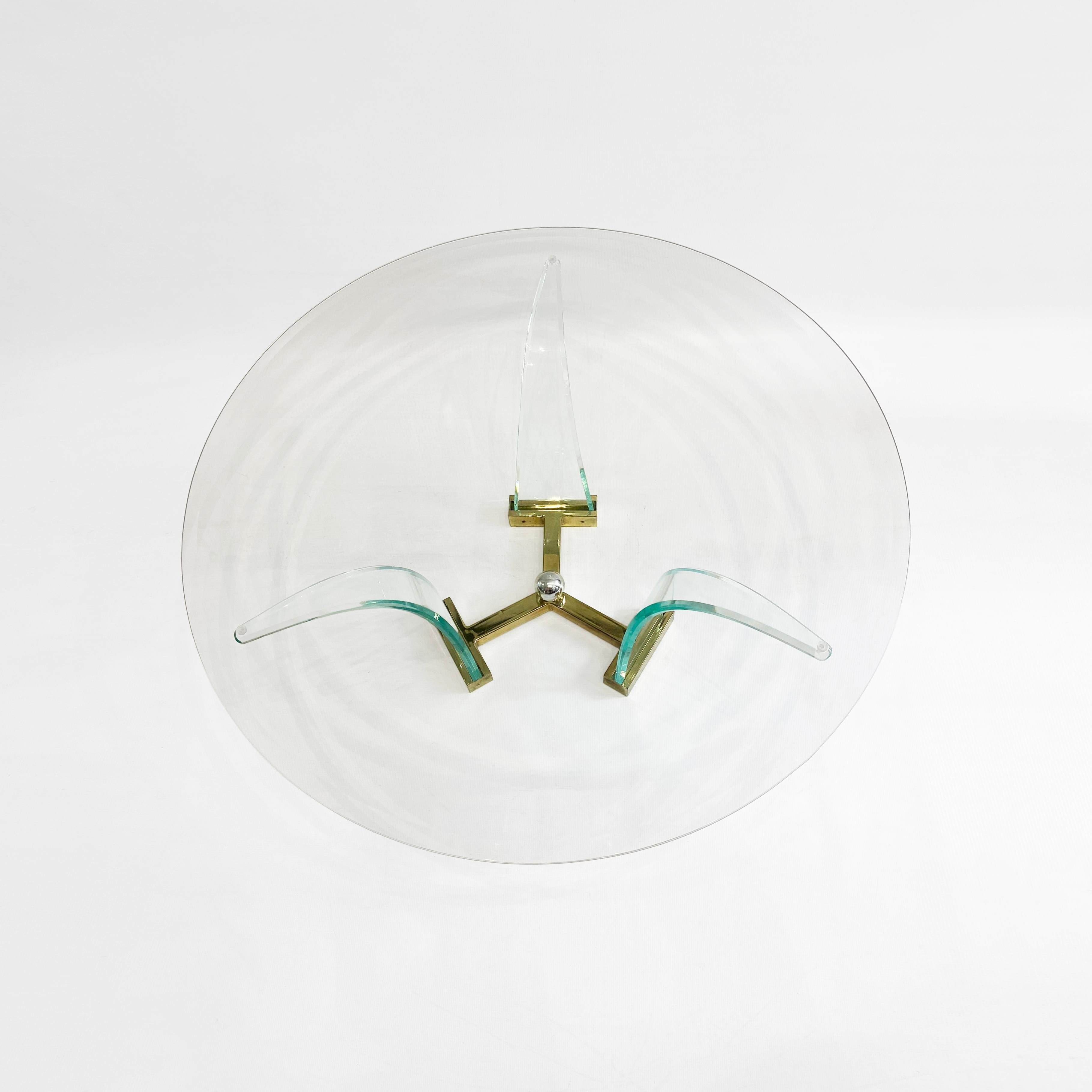 Lucite Brass Glass Round Glass Coffee Table 1980s Hollywood Charles Hollis Jones In Good Condition In London, GB