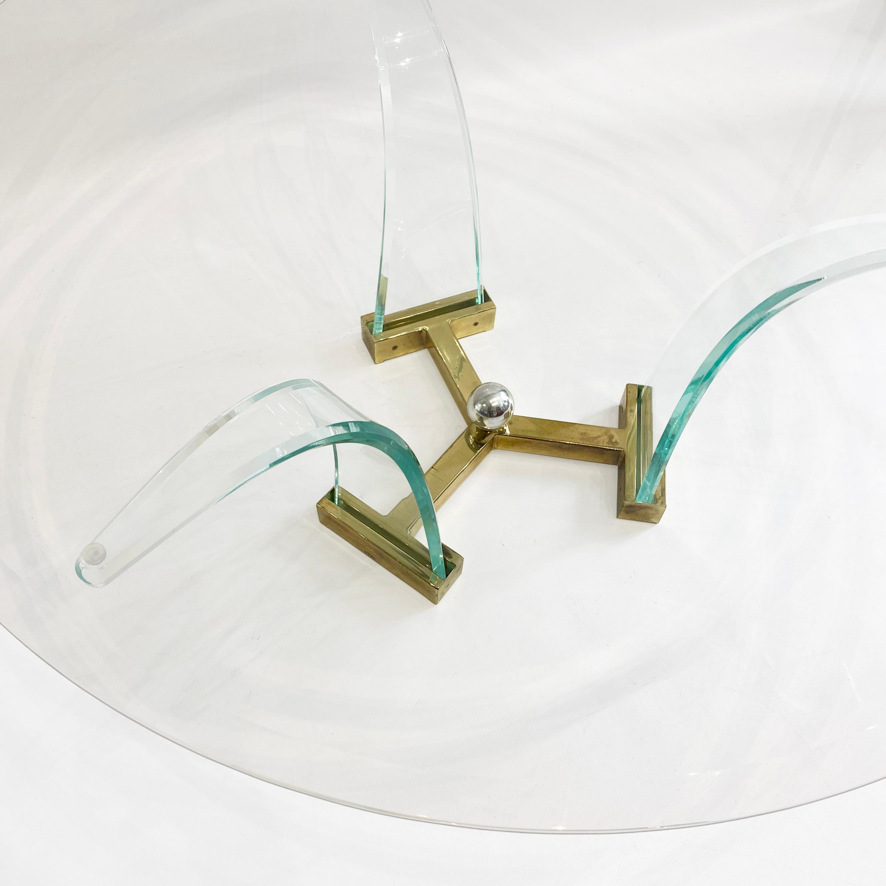 Late 20th Century Lucite Brass Glass Round Glass Coffee Table 1980s Hollywood Charles Hollis Jones