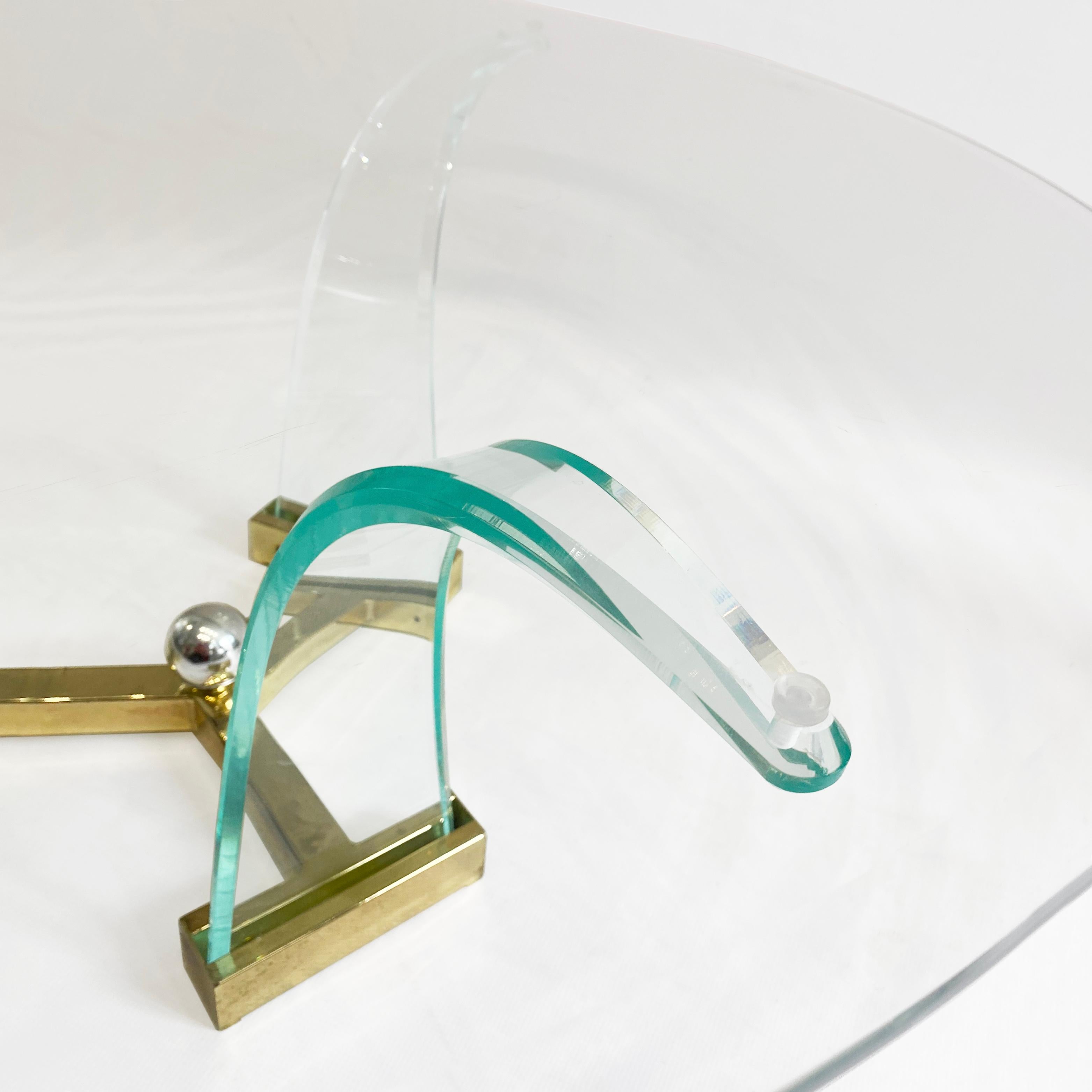 Lucite Brass Glass Round Glass Coffee Table 1980s Hollywood Charles Hollis Jones 1