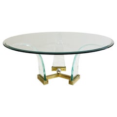Lucite Brass Glass Round Glass Coffee Table 1980s Hollywood Charles Hollis Jones