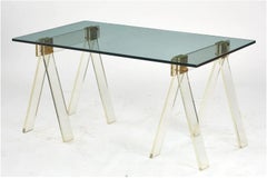 Lucite, Brass & Glass Sawhorse Dining Table or Desk